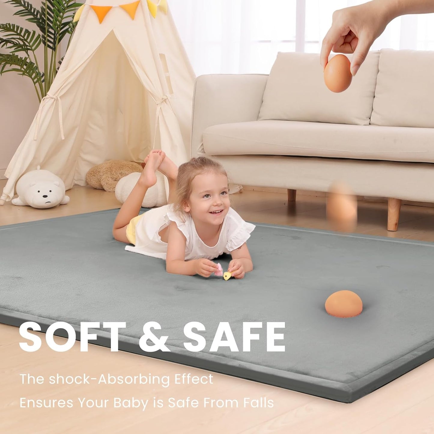 Baby Play Mat for Floor,1.3" Thick Memory foam Tummy Time Mat,79"×158“ Extra Large Soft Velvet Nursery Rug,Non Slip Safe for Crawling,Toddlers,Infants,kids,Tatami Style for Living Room(Dark Grey)