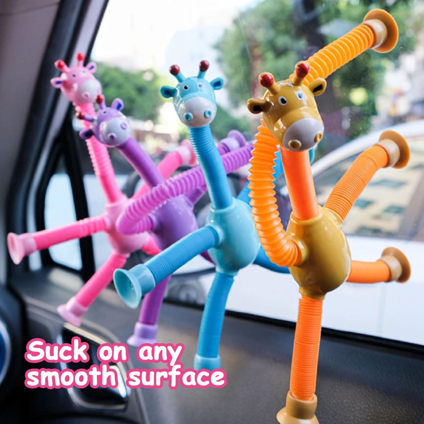 Telescopic Suction Cup Giraffe Toy, 4 Packs Pop Tubes Giraffe Fidget Toys Animal Autism Sensory Toy for Toddlers Travel Essential Educational Classroom Treasure Box Stretchy Robots Party Favors