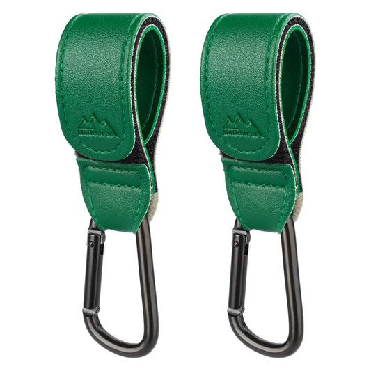 Baby Stroller Hooks Bag Hooks for Hanging Diaper Bags Multipurpose Hooks for Grocery Shopping Bags Premium Vegan Leather Pram Straps 2 Pcs (Green)