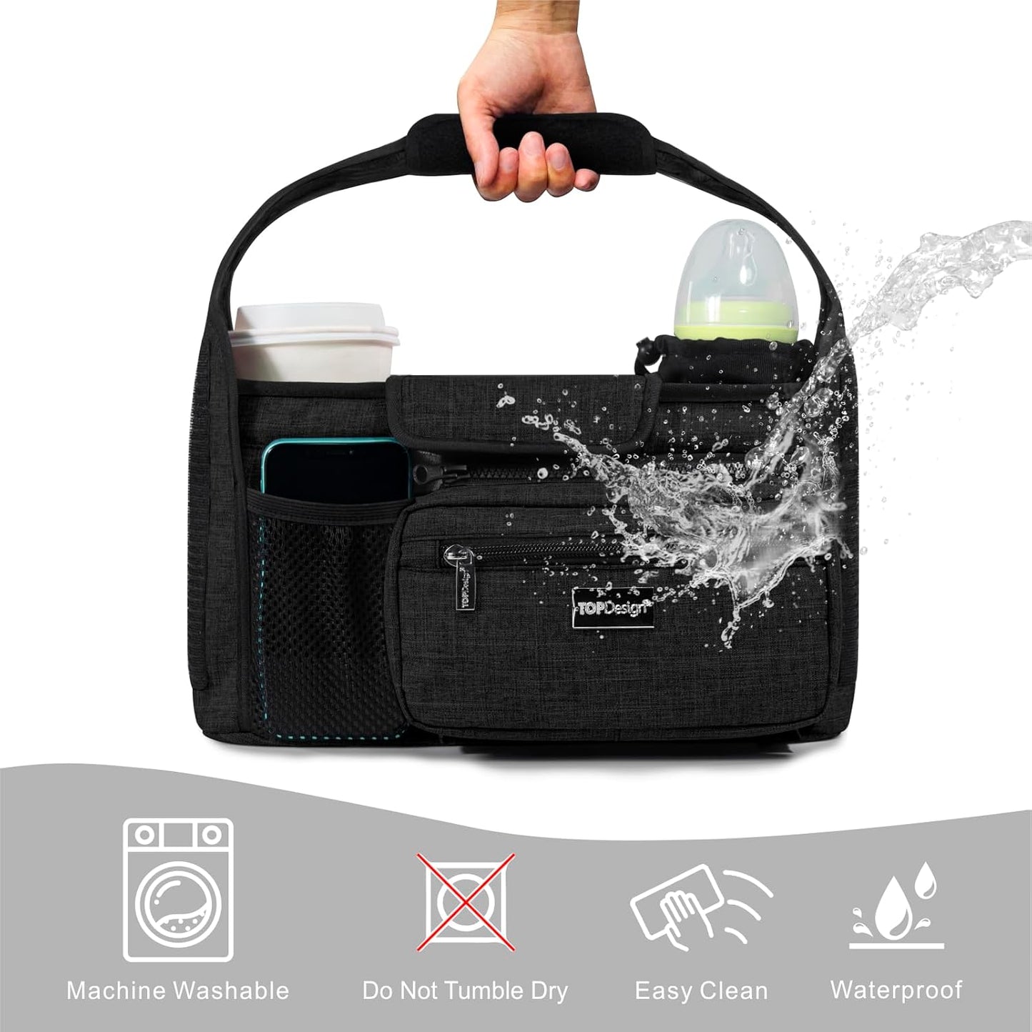 TOPDesign Universal Baby Stroller Organizer, Stroller Caddy with Detachable Mesh Bag & Heightened Insulated Cup Holders & Non-Slip Secure Hooks Accessories, Fits Most Strollers (Zoo 3)