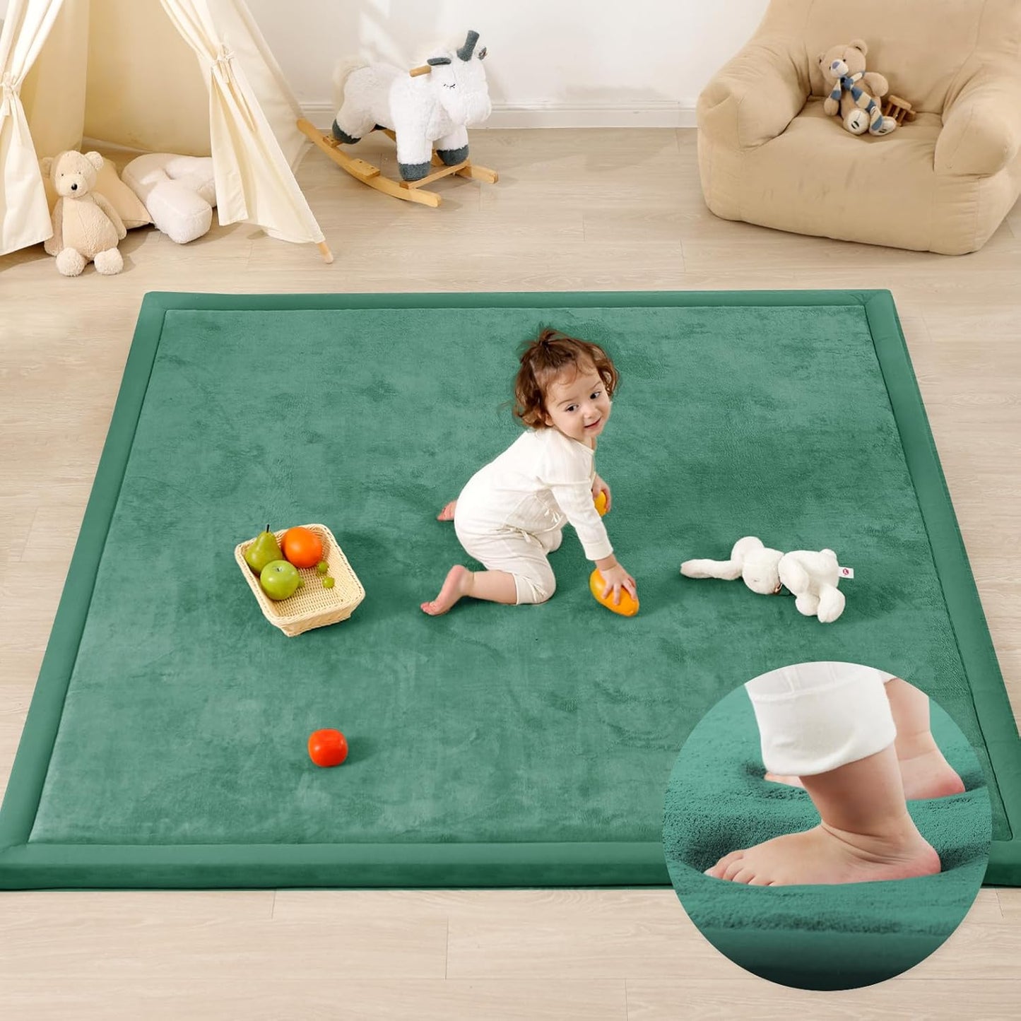 Ultra Soft Baby Play Mat,79"×79" Extra Large Activity Tummy Time Mat for Toddlers,Infants,Kids,1.3" Thick Elasti-Foam Nursery Rug for Floor,Non-Slip Safe for Crawling,Water-Repellent(Emerald)