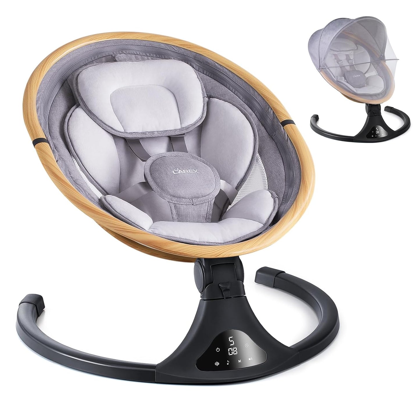 LAREX Baby Swing to Toddler Electric Infant Swing Portable for Newborn Boy Girl, 5 Sway Speeds with Remote Control, 12 Preset Melodies and Bluetooth, 0-6 Months Max 20 Lbs (Light Wood Grain)