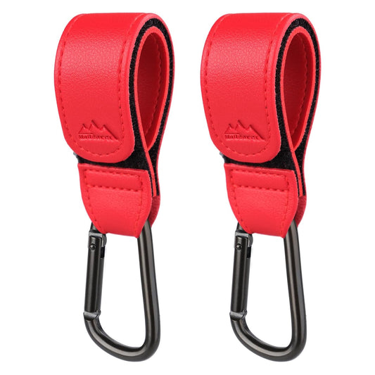 Baby Stroller Hooks Bag Hooks for Hanging Diaper Bags Multipurpose Hooks for Grocery Shopping Bags Premium Vegan Leather Pram Straps 2 Pcs (red)