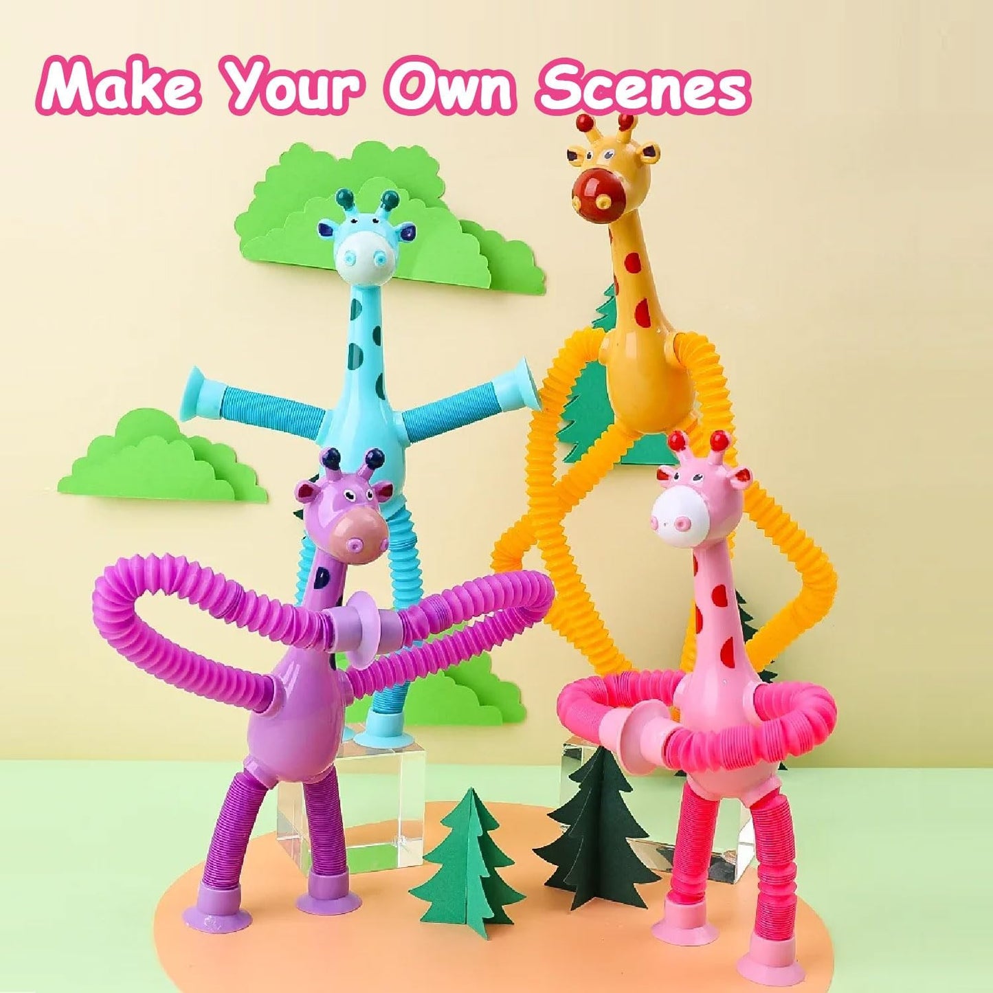 Telescopic Suction Cup Giraffe Toy, 4 Packs Pop Tubes Giraffe Fidget Toys Animal Autism Sensory Toy for Toddlers Travel Essential Educational Classroom Treasure Box Stretchy Robots Party Favors