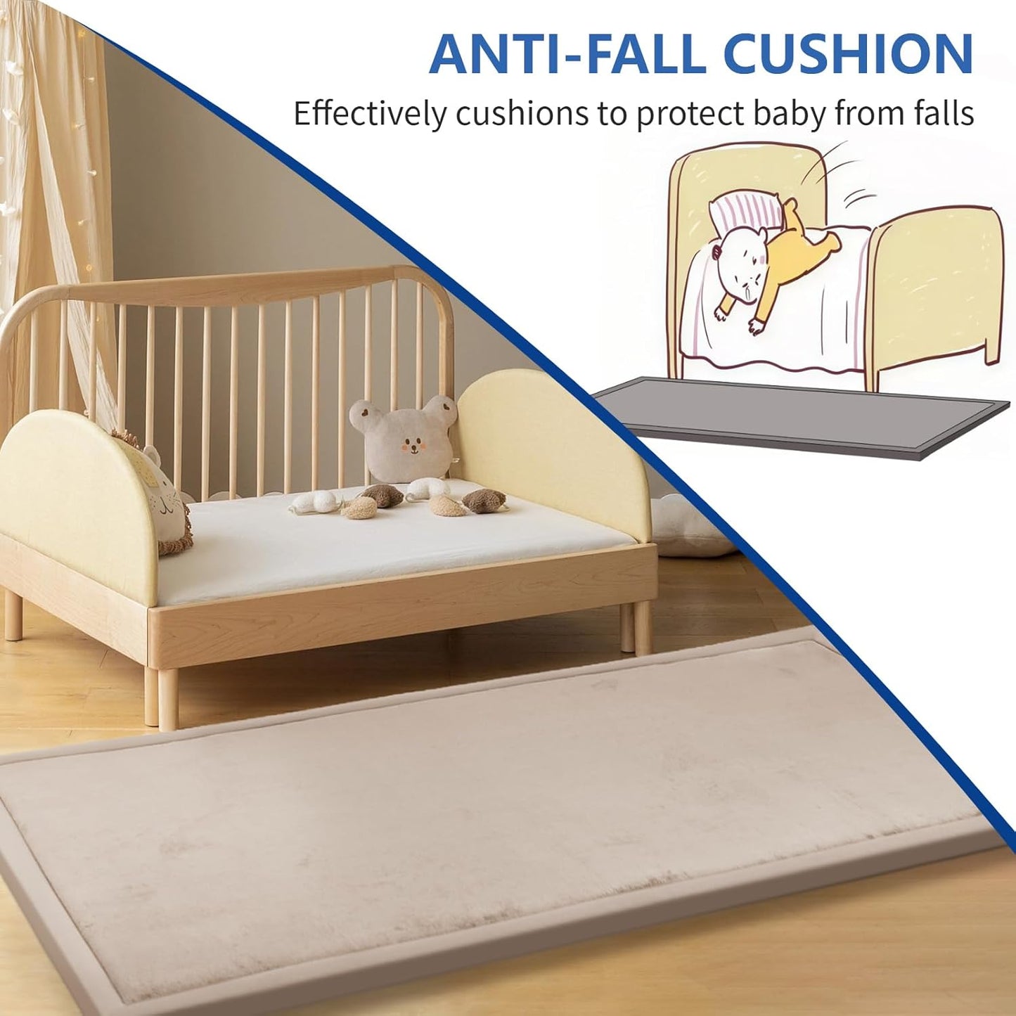 Play Mat for Babies Toddlers,1.3" Thick Elasti-Foam Anti-Fall Cushion Mat for Kids Room,28×72 Bedroom Bedside Rugs,Water-Repellent Soft Coral Velvet,Non-Slip(Beige)