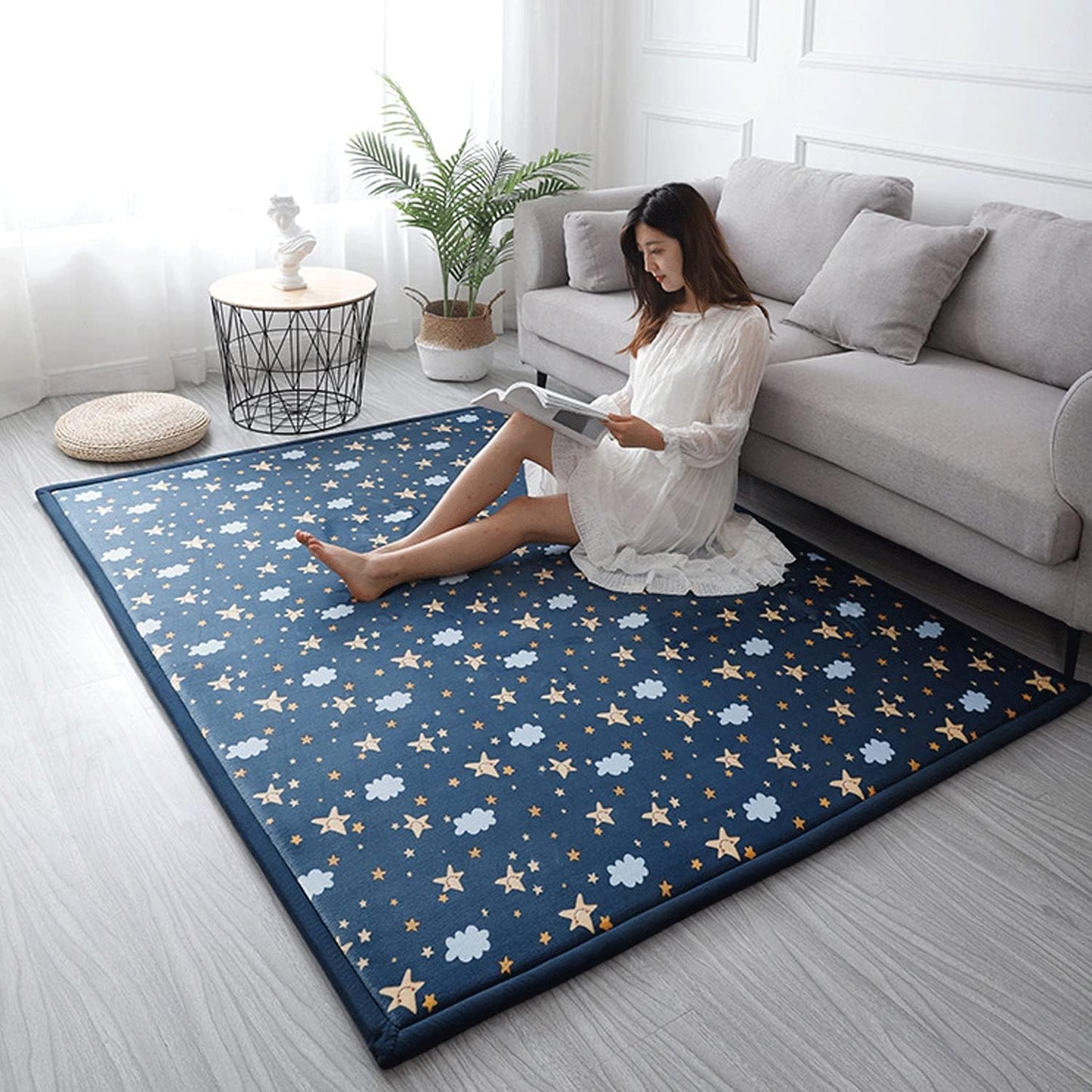 Loartee Coral Velvet Area Rug - 1" Thick Memory Foam Baby Play Mat, Washable Toddler Carpet, Home Decor for Living Room, Nursery, Kids Bedroom, Starry Blue, 6'7"x7'10"
