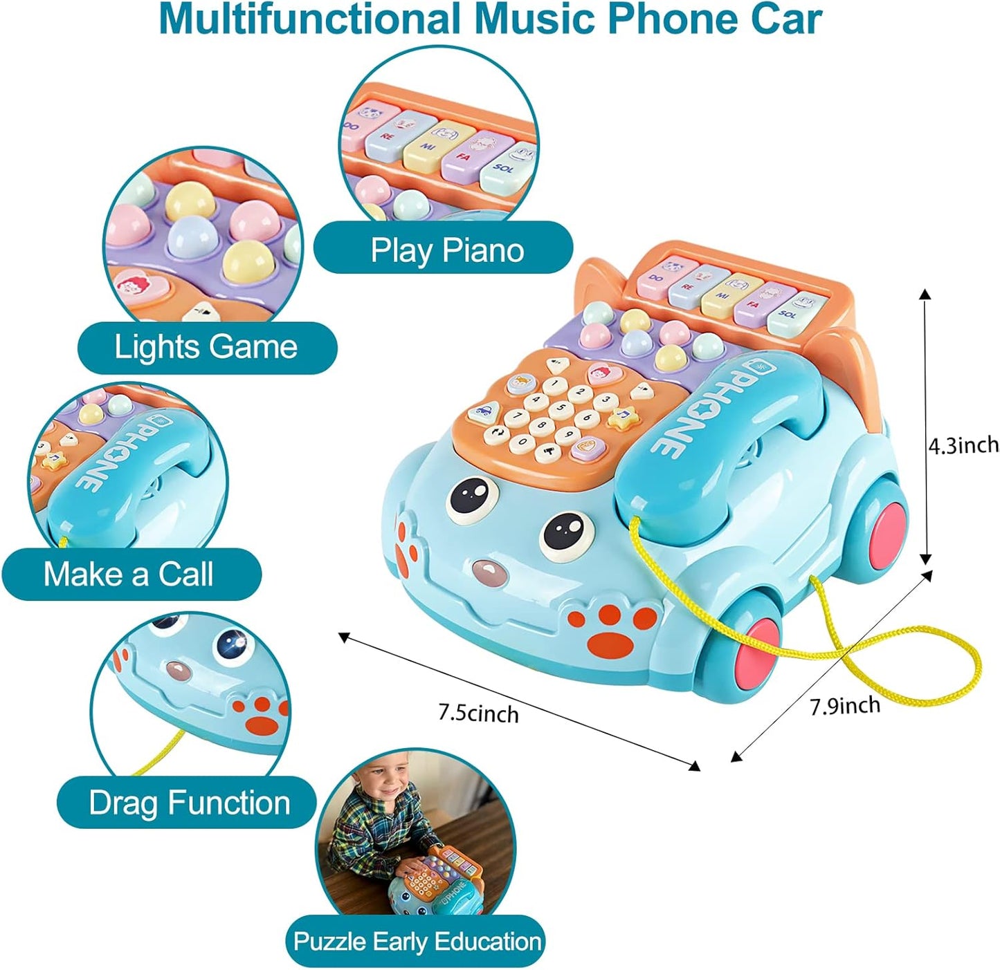 Baby Phone Toy,Baby Toy Phone Cartoon Baby Piano Music Light Toy Children Pretend PhoneToy Gift Game Boy Girl Early Education Gift Blue (18 M+)