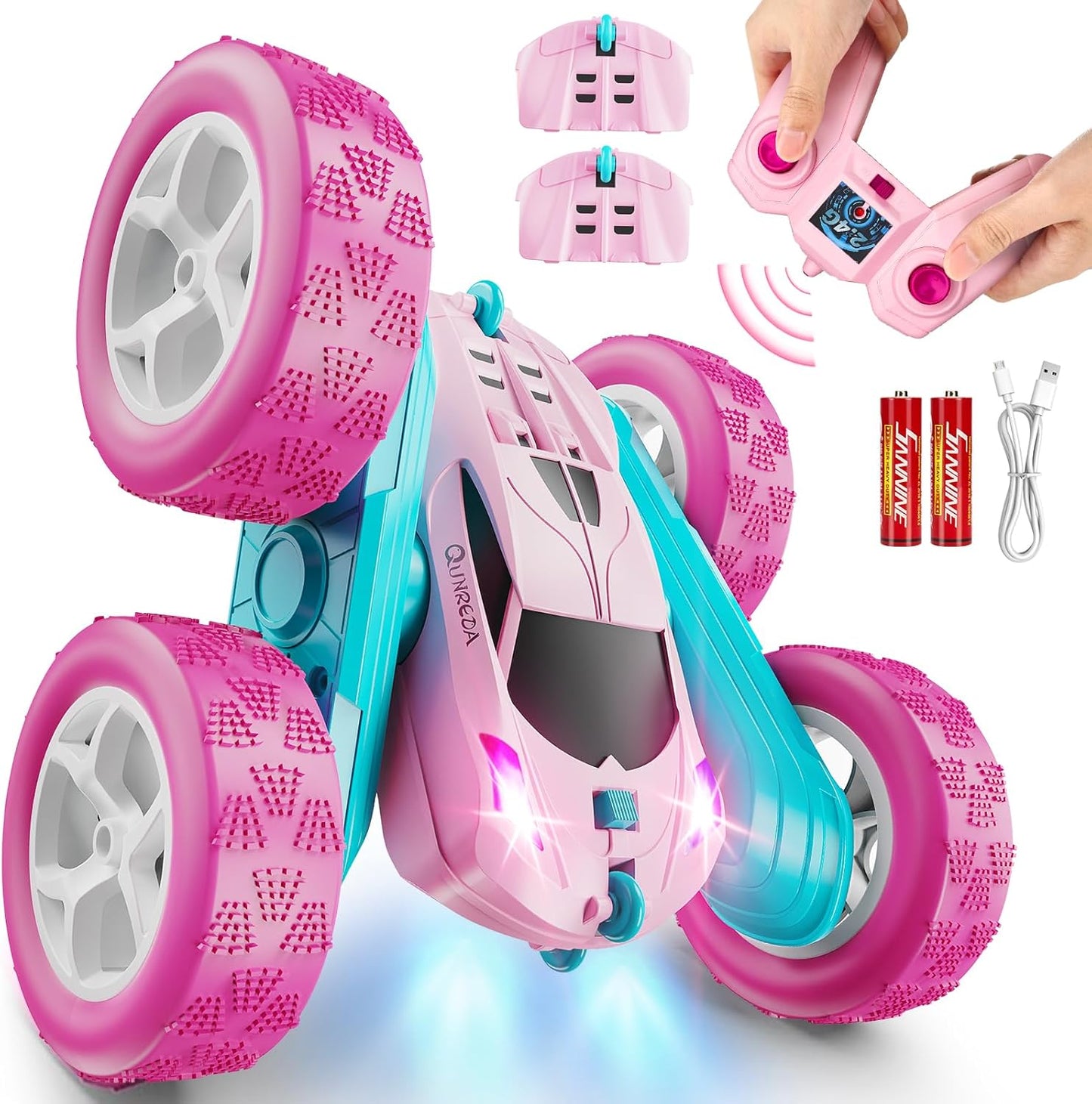 RC Cars, Pink Remote Control Car for Girls, 2.4 GHZ Double Sided RC Stunt Car 360° Rotating Remote Control Crawler with Headlights Car Toys for 6 7 8 9 10 11 12 Girls Birthday Gift