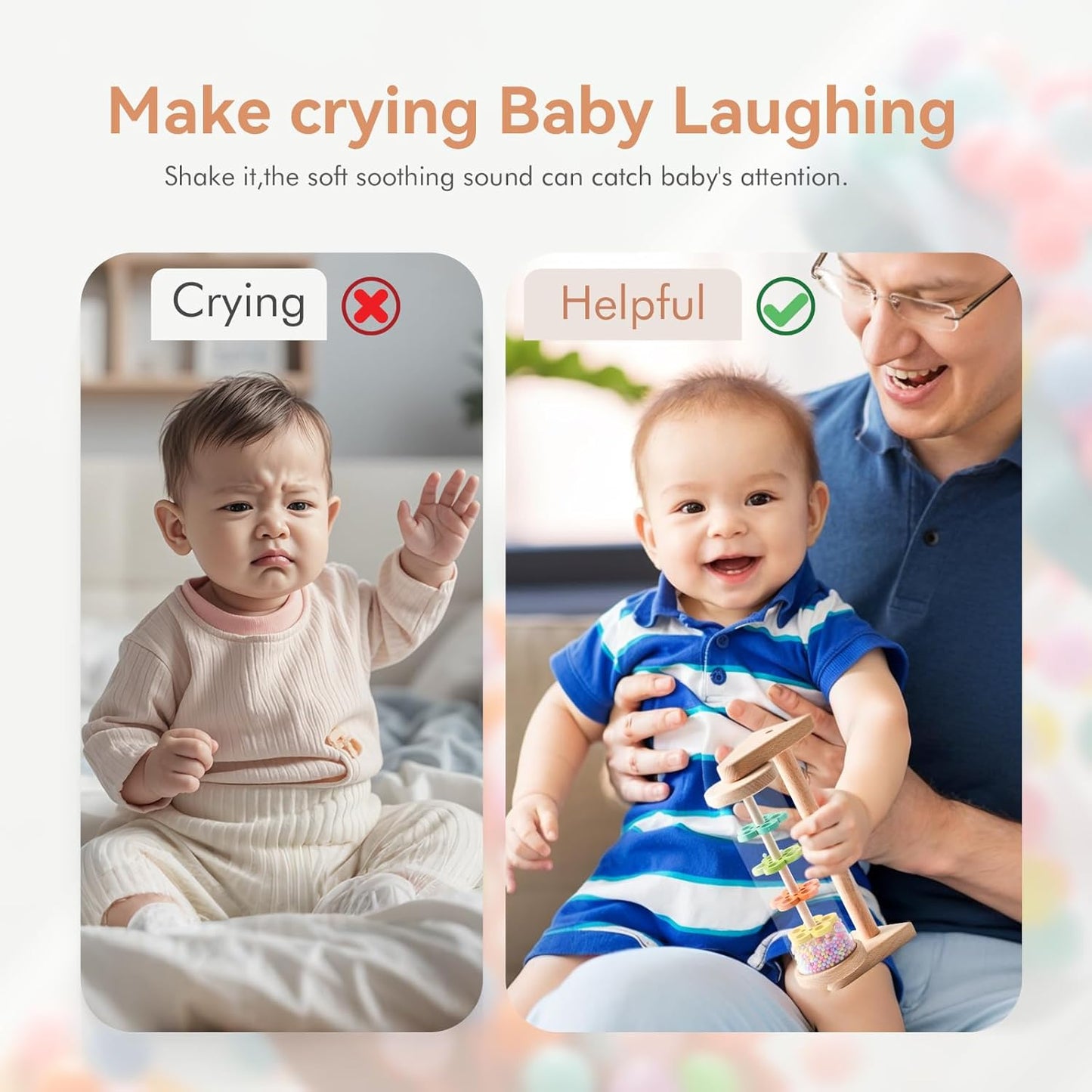 WOODEN TEETHER Wooden Soothing Rain Stick with Handle for 12 Months+ Babies Montessori Musical Baby Rattle Toys Calming Rainmaker for Early Sensory Development & Home Play