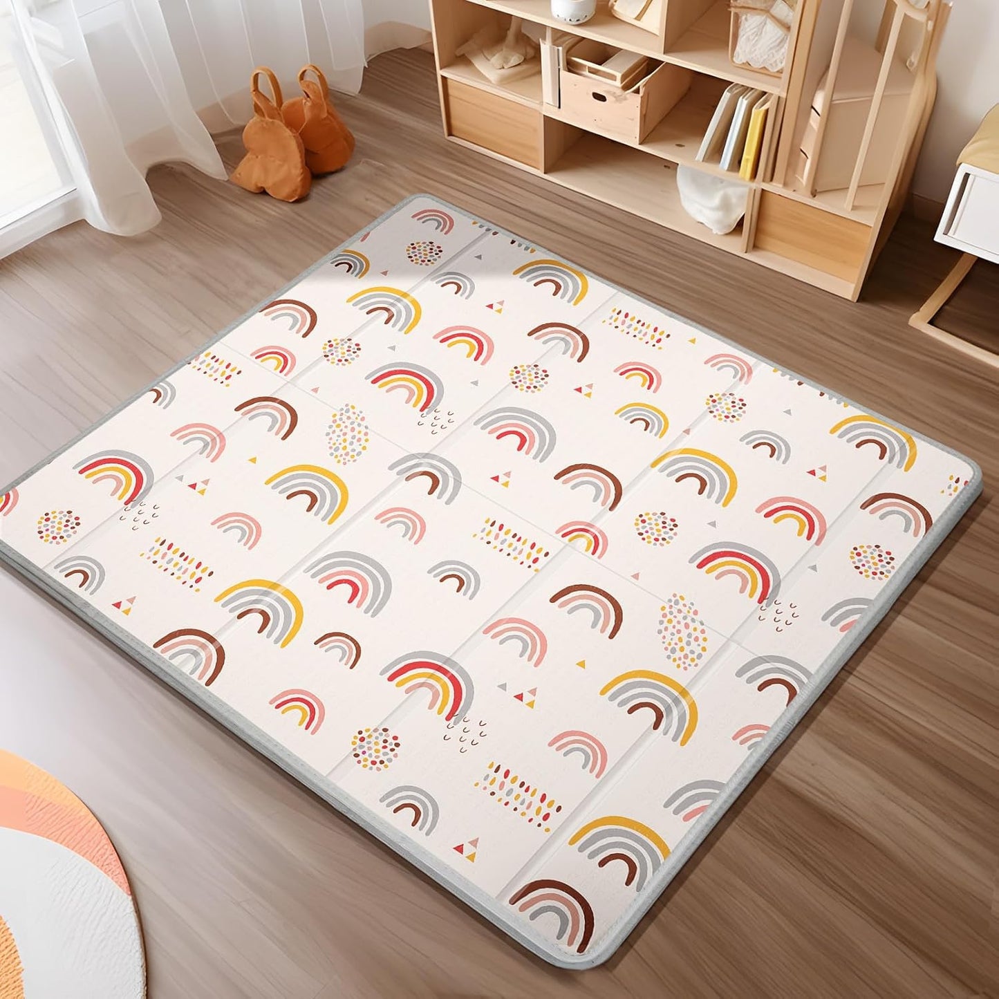 Foldable Baby Play Mat, PIGLOG 50x50 Playpen Mat, Waterproof Playmats for Babies and Toddlers Kids, Safe Foam Playmat for Tummy Time, Reversible Portable Baby Floor Mat for Infant, Colorful+Rain