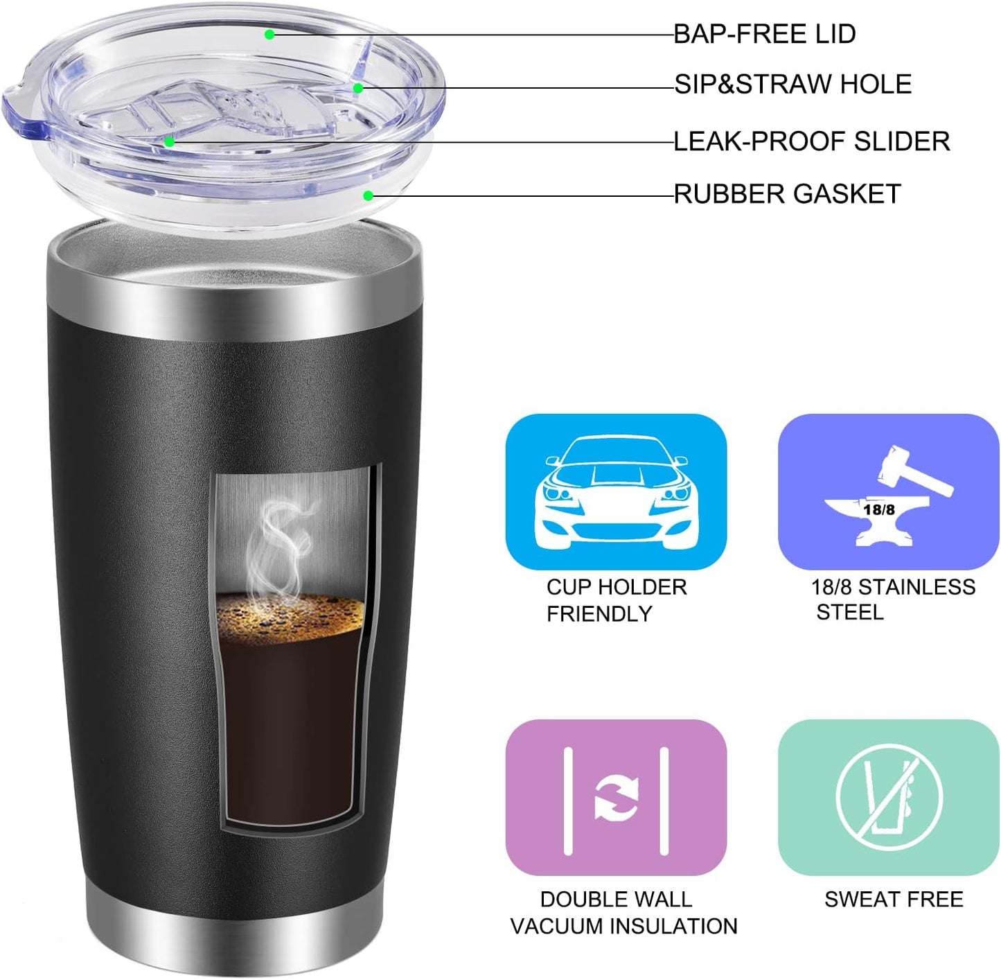 VEGOND 20oz Tumbler with Lid and Straw Stainless Steel Tumbler Cup Bulk Vacuum Insulated Double Wall Travel Coffee Mug Powder Coated Coffee Cup, Black 12 Pack