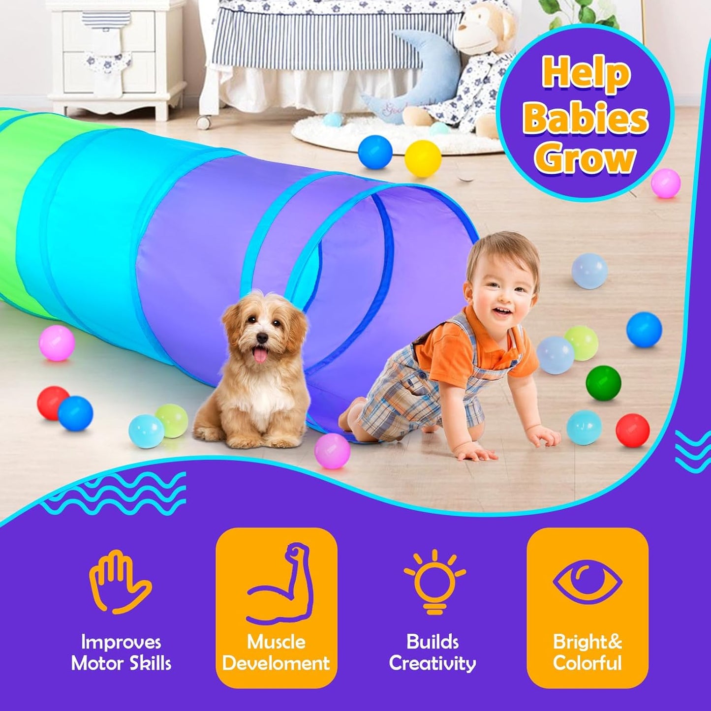 Moncoland Kids Play Tunnel Tent for Toddlers, Colorful Pop Up Crawl Toy Baby Infant Children or Dog Cat Pet, Collapsible Gift Boy and Girl Game (Colorful Kids Tunnel)
