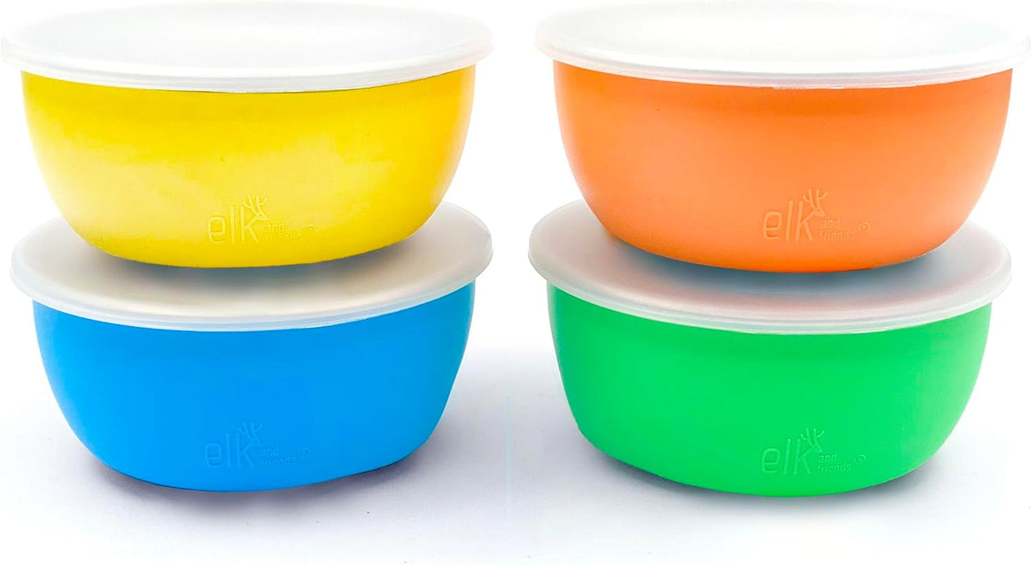 Elk and Friends Stainless Steel Bowls + Silicone Sleeve and Storage Lid | Baby, Toddler, Kids | Cereal & Snack Bowls | Storage Containers | Dishwasher Safe | 4 Pack