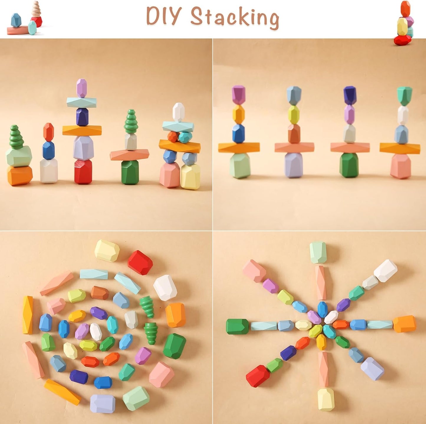 OESSUF Stacking Rocks 40Pcs Stacking Rocks Balancing Stacking Stones Wooden Stacking Toys Wooden Stone Stacking Game for Toddler Wood Sorting Montessori Stacking Rocks for Kids
