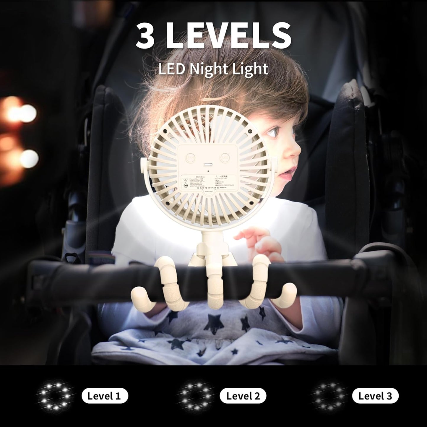 AMACOOL Battery Operated Stroller Fan Flexible Tripod Clip On Fan with 3 Speeds and Rotatable Handheld Personal Fans for Car Seat Crib Bike Treadmill (Beige)