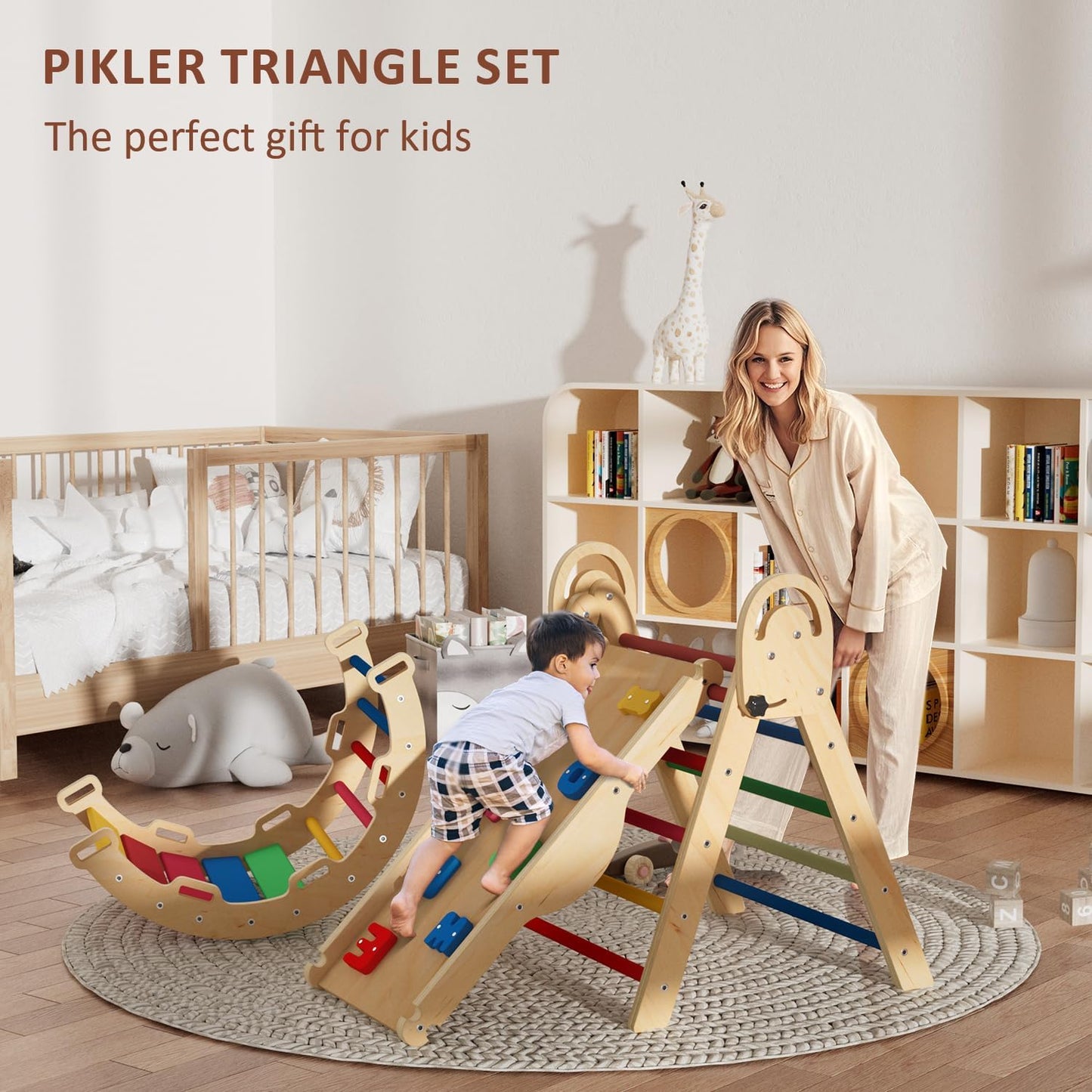 Pikler Triangle Set with Cushion, Montessori Climbing Set, Indoor Climb Toys, Indoor Playground Jungle Gyms, 9 Combinations Climbing Toy Set for Toddler, Baby, Kids 1-4