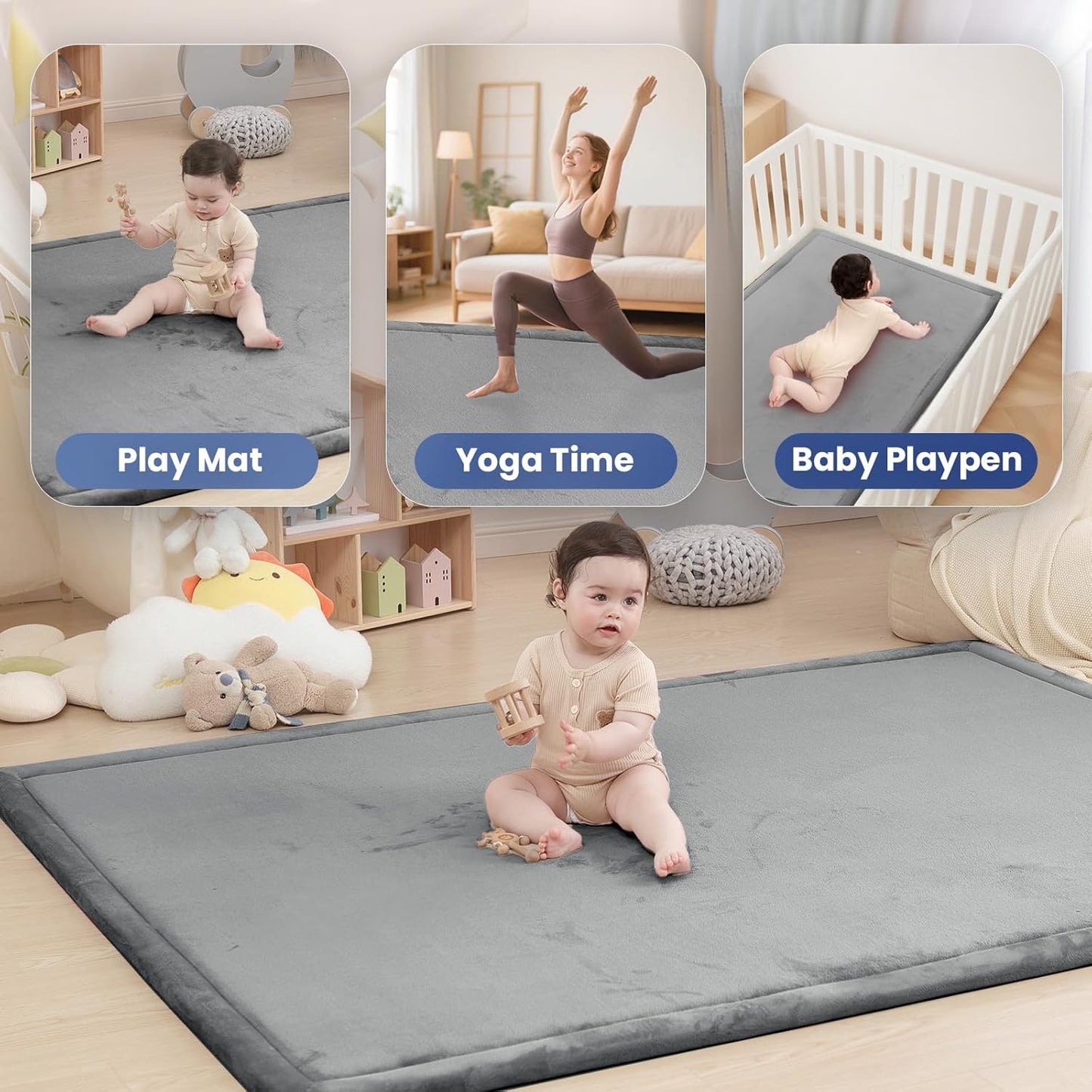 Baby Play Mat for Floor,1.3" Thick Memory foam Tummy Time Mat for Toddlers,Infants,kids,Water-Repellent Soft Nursery Rug ,79"×79" Extra Large Non Slip for Crawling&Yoga,Tatami Style for Living Room(Dark Grey)