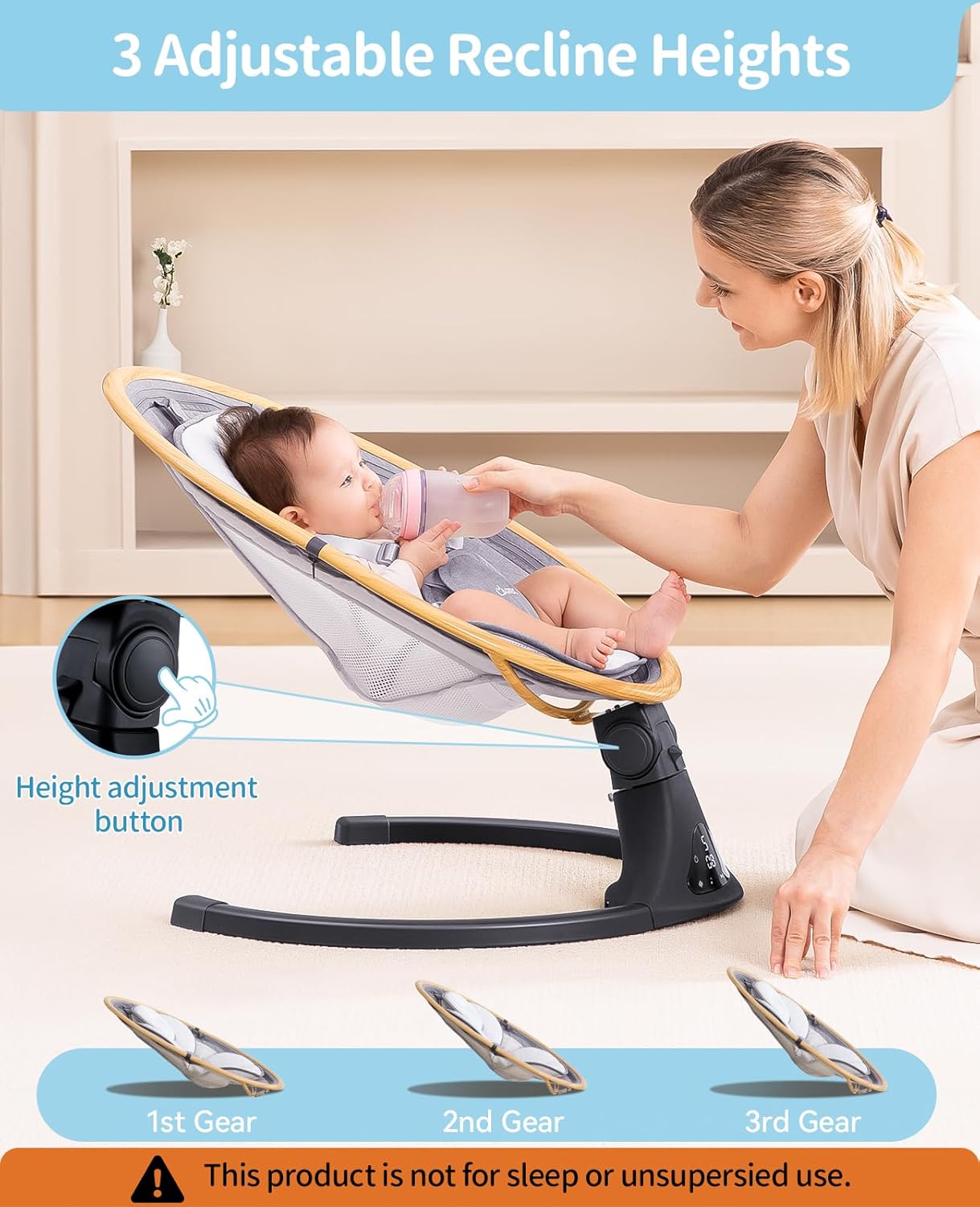 LAREX Baby Swing to Toddler Electric Infant Swing Portable for Newborn Boy Girl, 5 Sway Speeds with Remote Control, 12 Preset Melodies and Bluetooth, 0-6 Months Max 20 Lbs (Light Wood Grain)