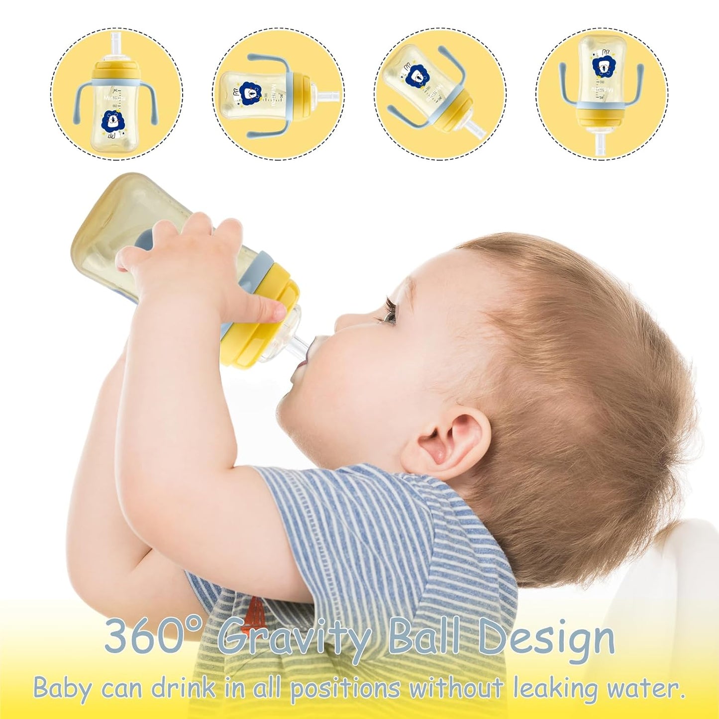 Weighted Sippy Cup With Straw and Handles - No-Spill Easy Grip Trainer Cup With Soft Flex Spout - 3 Sippy Spouts for Baby and Toddlers (Blue)