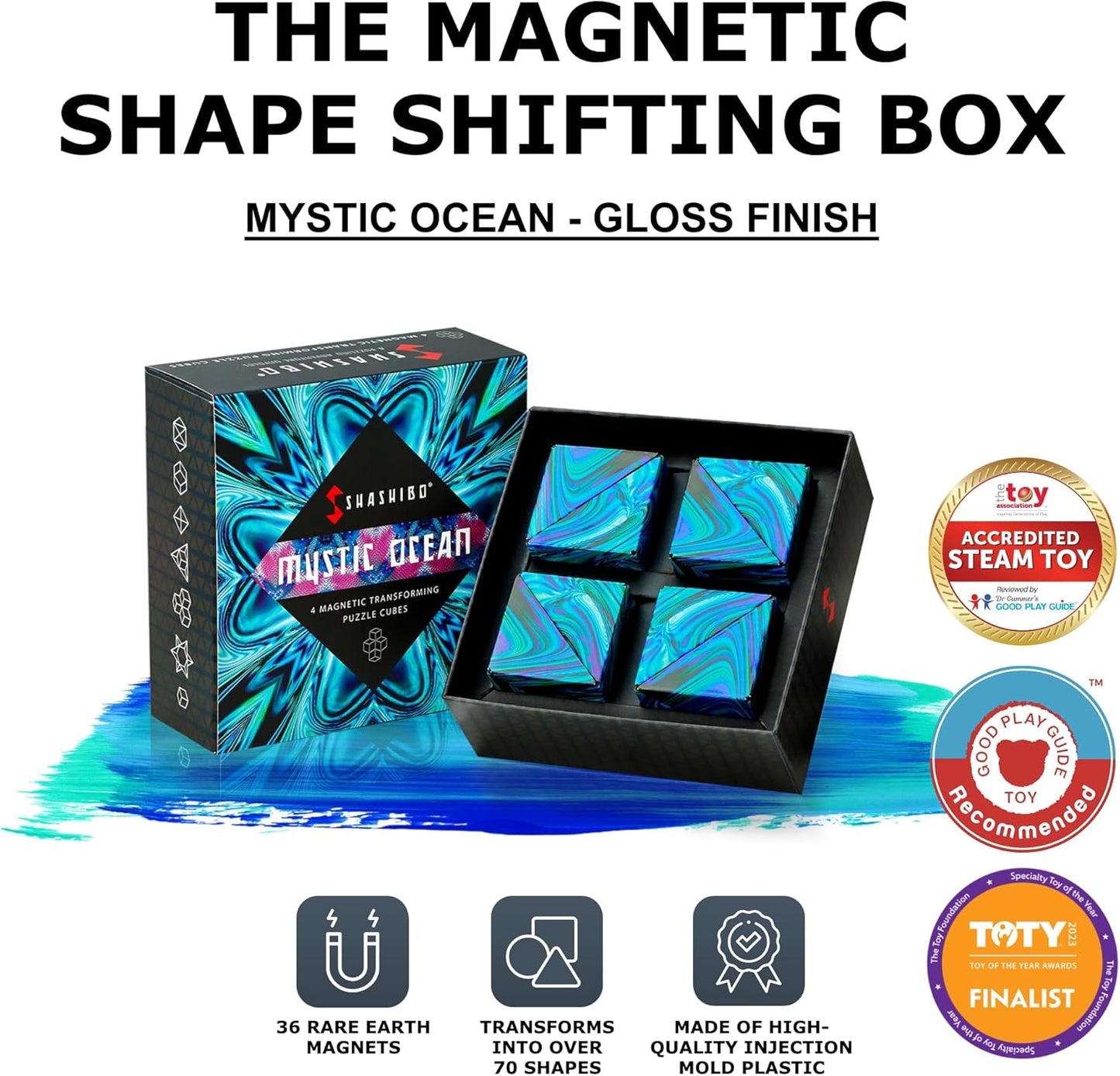 Shashibo Shape Shifting Box - Award-Winning, Patented Fidget Cube w/ 36 Rare Earth Magnets - Transforms Into Over 70 Shapes, Gift Box, Download Fun in Motion Toys Mobile App (Mystic Ocean, 4 Pack)