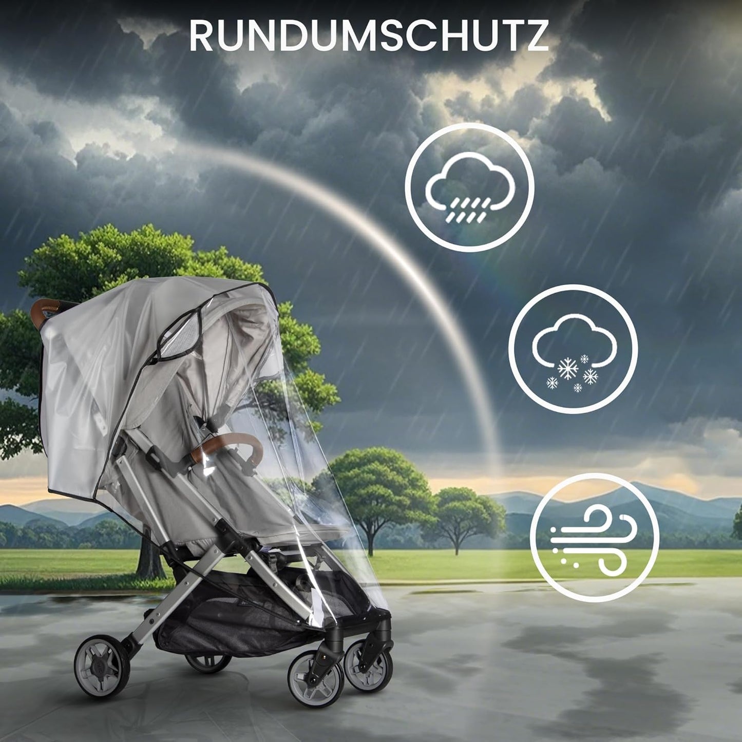Bemece Stroller Rain Cover, Universal Stroller - Waterproof Windproof Travel Weather Shield Thick & Durable Protect from Dust and Snow with Breathable Ventilation Mesh Clear Visibility
