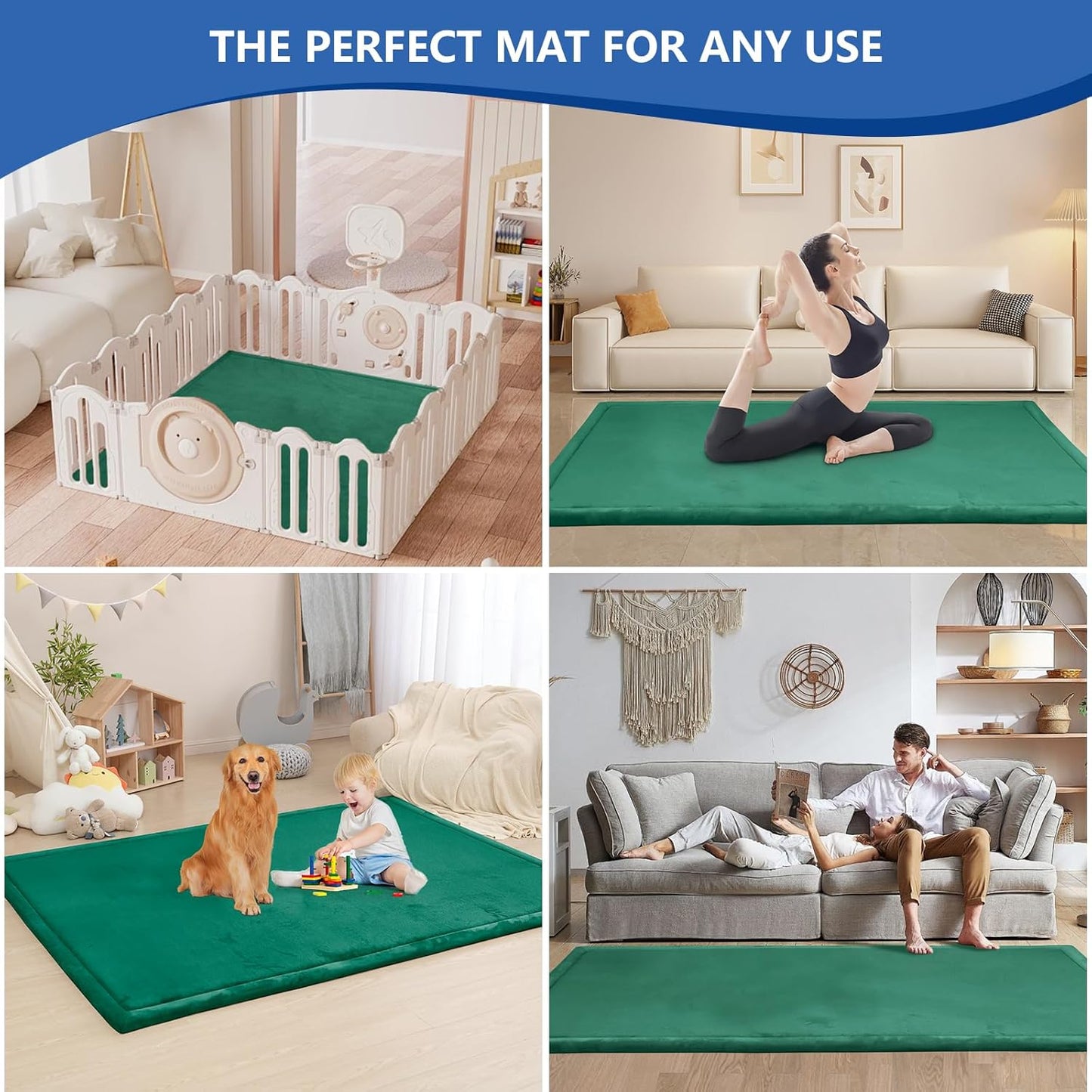 Baby Play Mat for Floor,1.3" Thick Memory foam Tummy Time Mat for Toddlers,Infants,kids,Water-Repellent Soft Nursery Rug ,79"×118" Extra Large Non Slip for Crawling&Yoga,Tatami Style for Living Room(Dark Green)