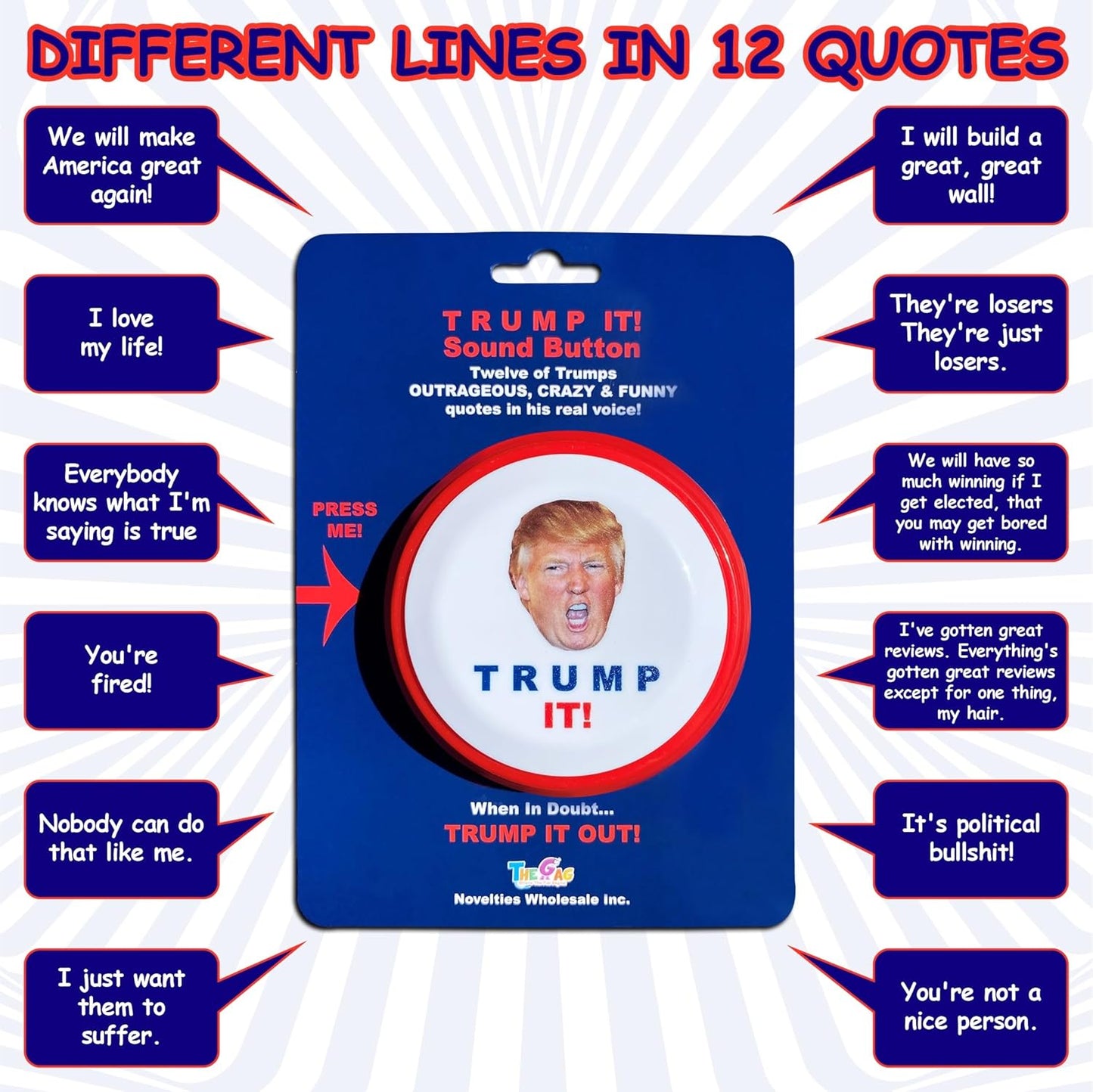 Talking Donald Trump Sound Button-12 Quotes in His REAL Voice-Funny Trump Gift for Men, Women, 2024, Political Gifts for Desk, Office and Home. Republican or Democrat