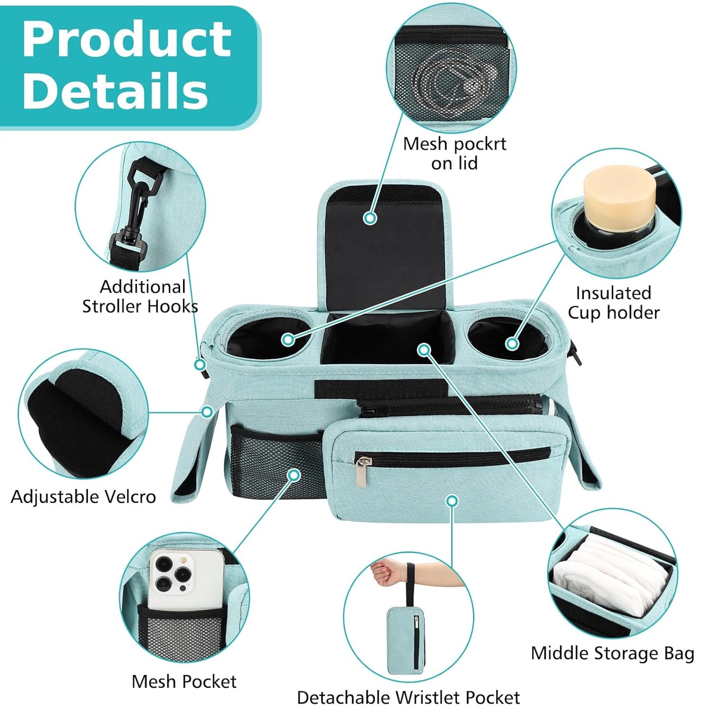 Accmor Universal Stroller Organizer with Insulated Cup Holder Detachable Phone Bag and Shoulder Strap,Stroller Bag Caddy Organizer Accessories Fits for Uppababy, Baby Jogger, Britax Strollers
