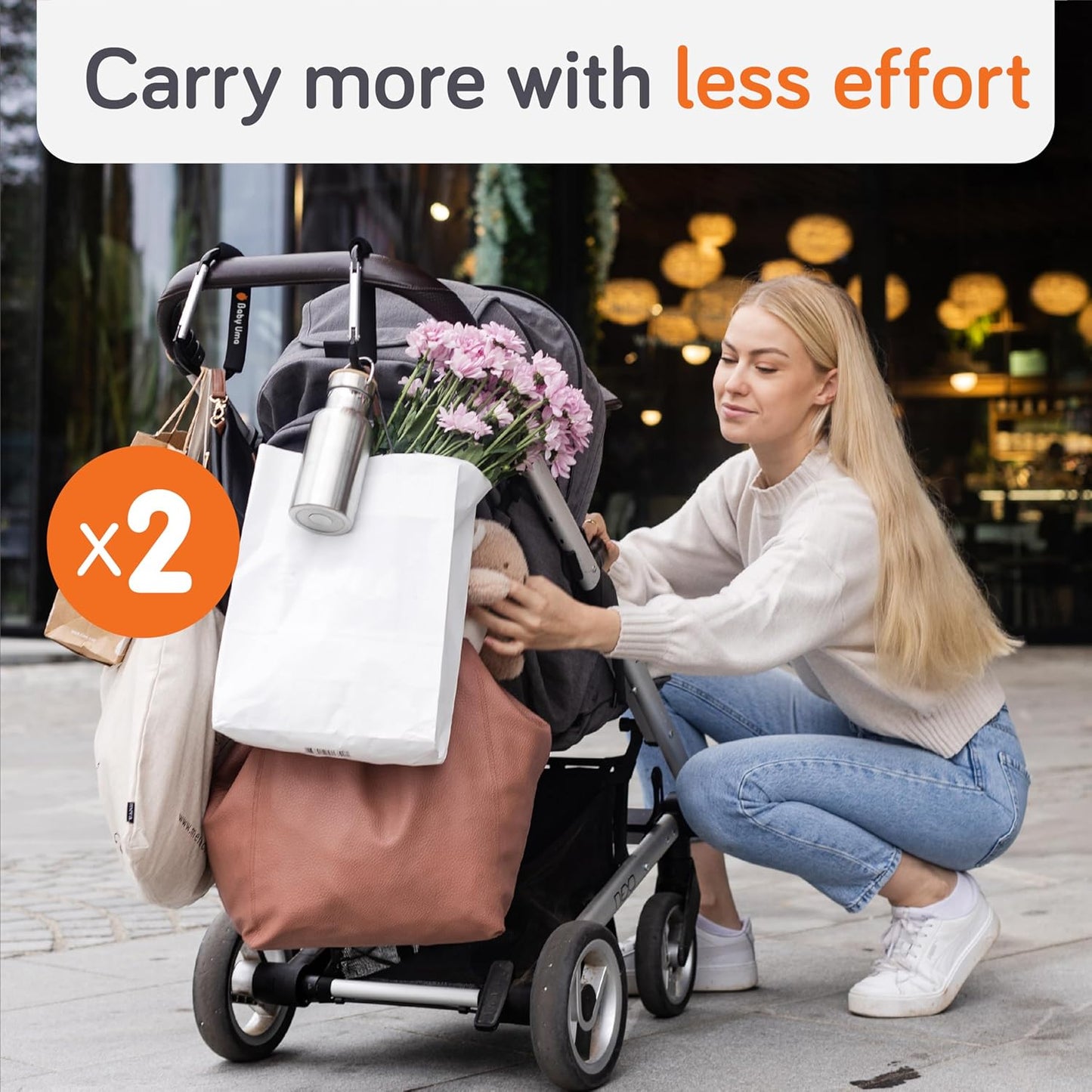 Baby Uma XL Stroller Hooks for Bags (2 Pack) - Universal Stroller Clips and Hooks with Foam Handle, 11 lb Weight Capacity per Carabiner, Adjustable & Non-Slip, Baby Travel Essential