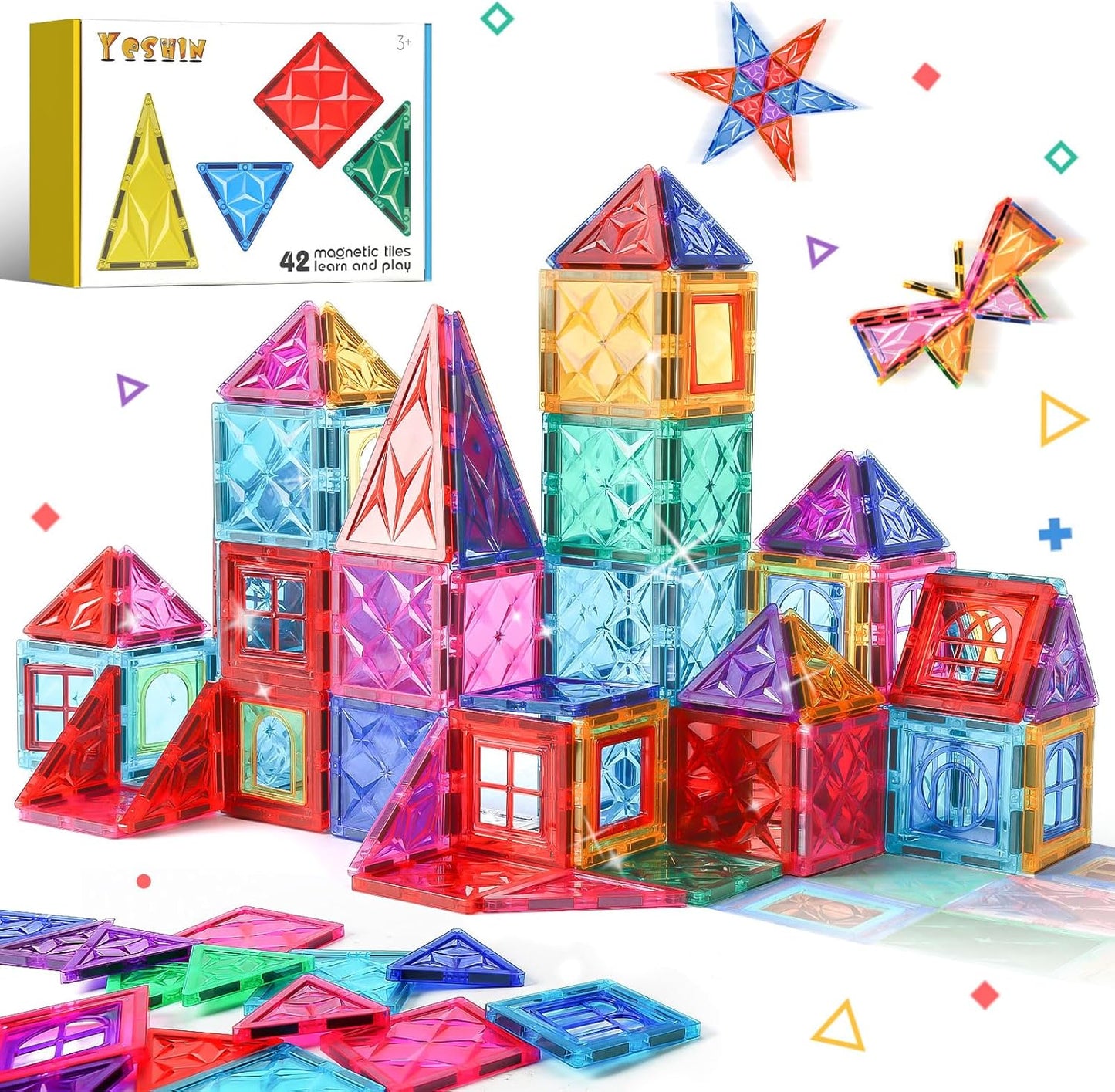 Magnetic Tiles, 42 Pcs Magnet 3D Building Set Toy for Kids Ages 3+, Construction Playboards, Montessori Toys, Puzzle Magnets Toys Christmas Toy Gift for Boys and Girls