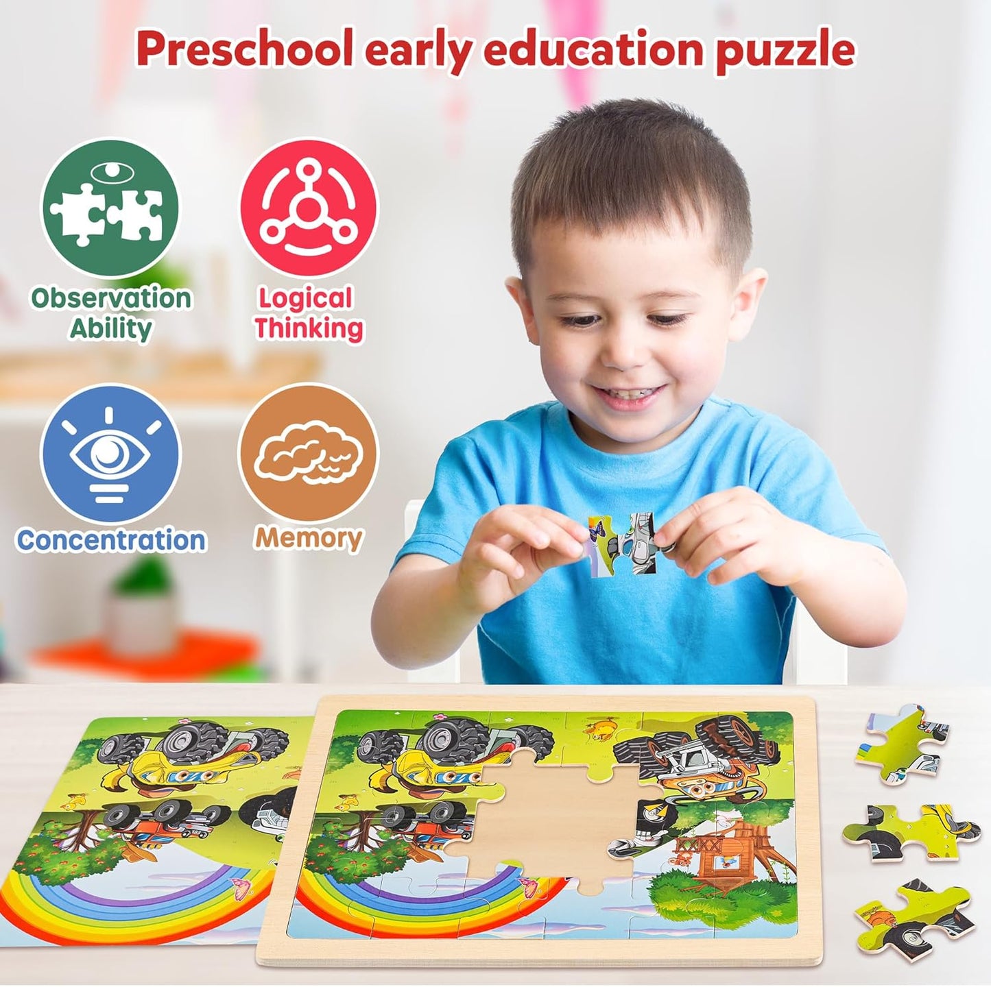 SYNARRY Large Wooden Monster Truck Puzzles for Kids Gift Box(12.2*9.4 in) - FSC Certified, 24 Piece Puzzles for Toddlers 3-5, Wood Puzzle for Kids Ages 4-6, Toys Gifts for 3 4 5 6 Year Old Boys Girls