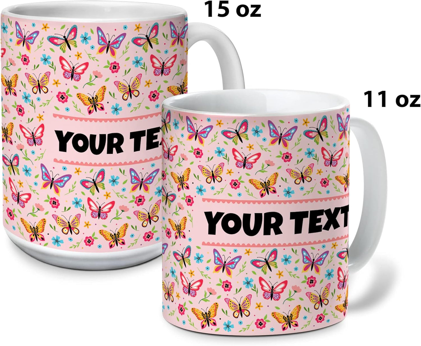 Personalized Mug for Kids - Butterflies - Custom Name/Text, Ceramic Hot Chocolate/Cocoa/Coffee Cup for Girls, Birthday/Christmas/Holiday Gift - 11 oz, Pink Handle