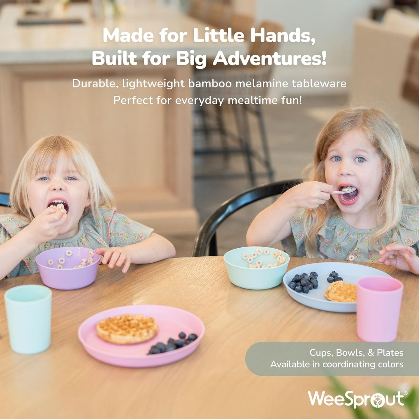 WeeSprout Bamboo Kids Bowls with Lids, Set of Four 15 oz Kid-Sized Bamboo Bowls, Bamboo Kid Bowls with Lids for Leftovers, Dishwasher Safe (Blue, Green, Gray, & Beige)