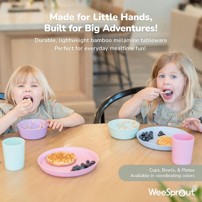 WeeSprout Bamboo Kids Bowls with Lids, Set of Four 15 oz Kid-Sized Dinnerware, Cereal, Leftovers & Snack Bowl, Dishwasher Safe (Pink, Green, Gray, & Beige)