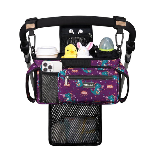 TOPDesign Universal Baby Stroller Organizer, Stroller Caddy with Detachable Mesh Bag & Heightened Insulated Cup Holders & Non-Slip Secure Hooks Accessories, Fits Most Strollers (Music Crocodiles)