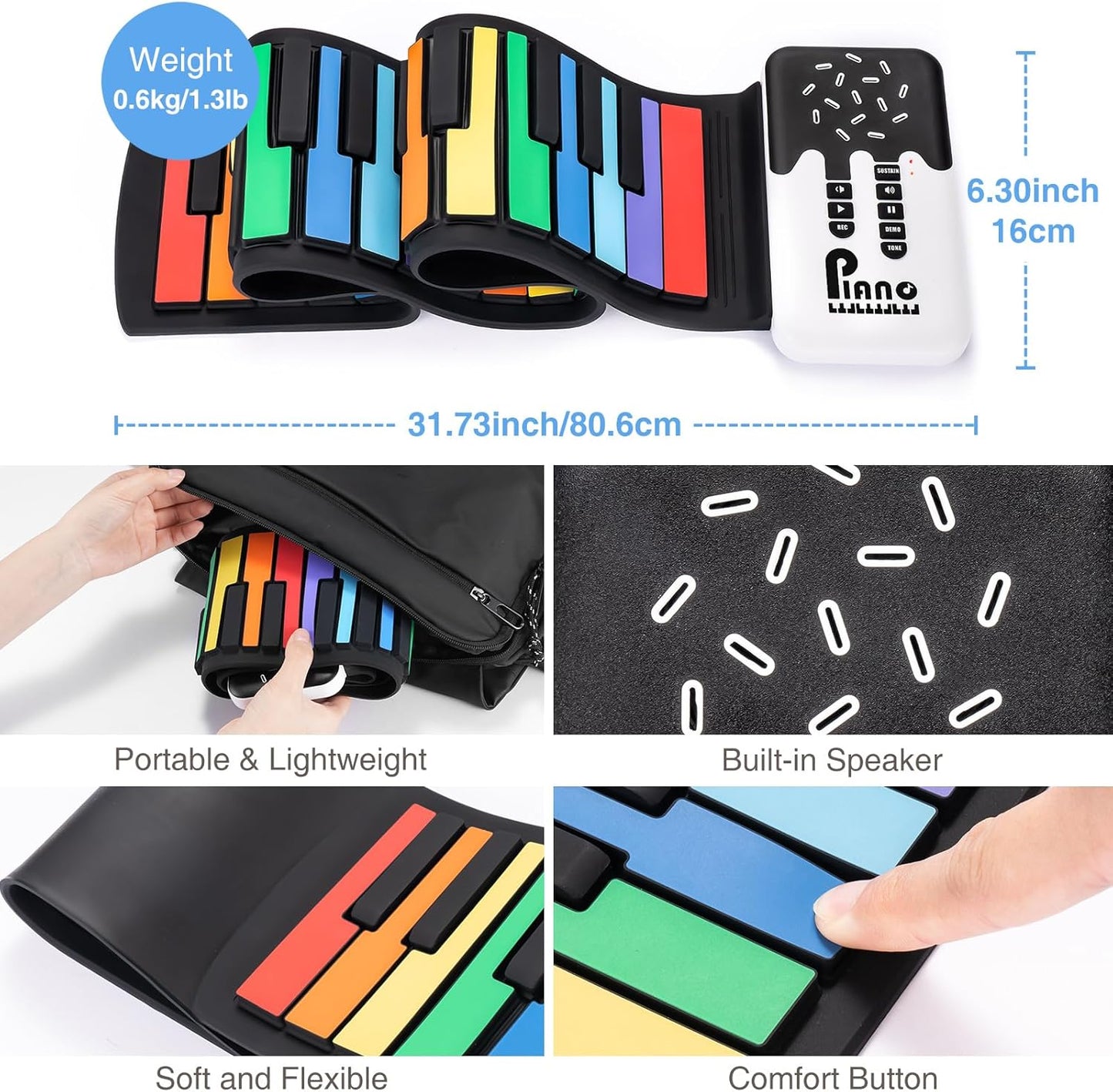 49 Key Roll Up Keyboard Piano, Portable Digital Electric Foldable Piano Keyboard, Rechargeable, 8 Tones, 6 Educational Demo Songs, for Beginners Gift (Rainbow)