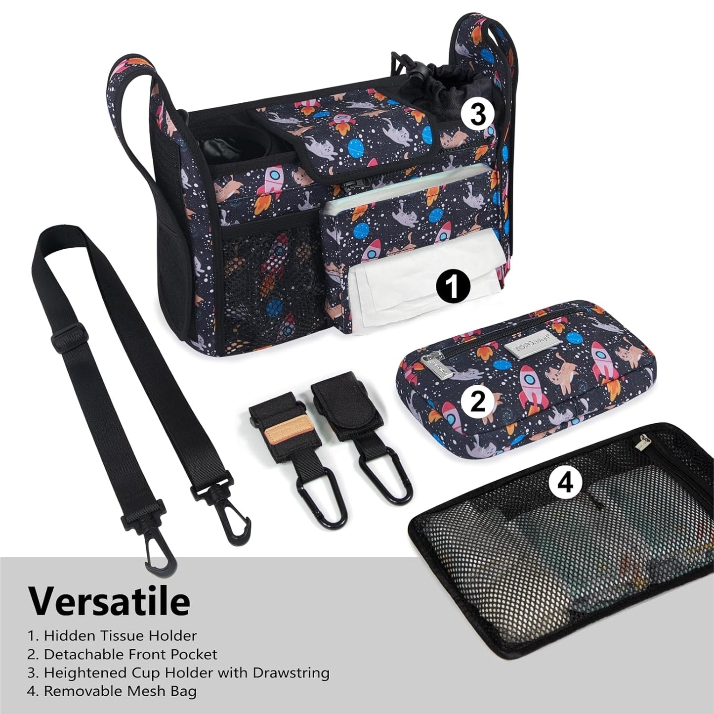 TOPDesign Universal Baby Stroller Organizer, Stroller Caddy with Detachable Mesh Bag & Heightened Insulated Cup Holders & Non-Slip Secure Hooks Accessories, Fits Most Strollers (Cats & Rockets)