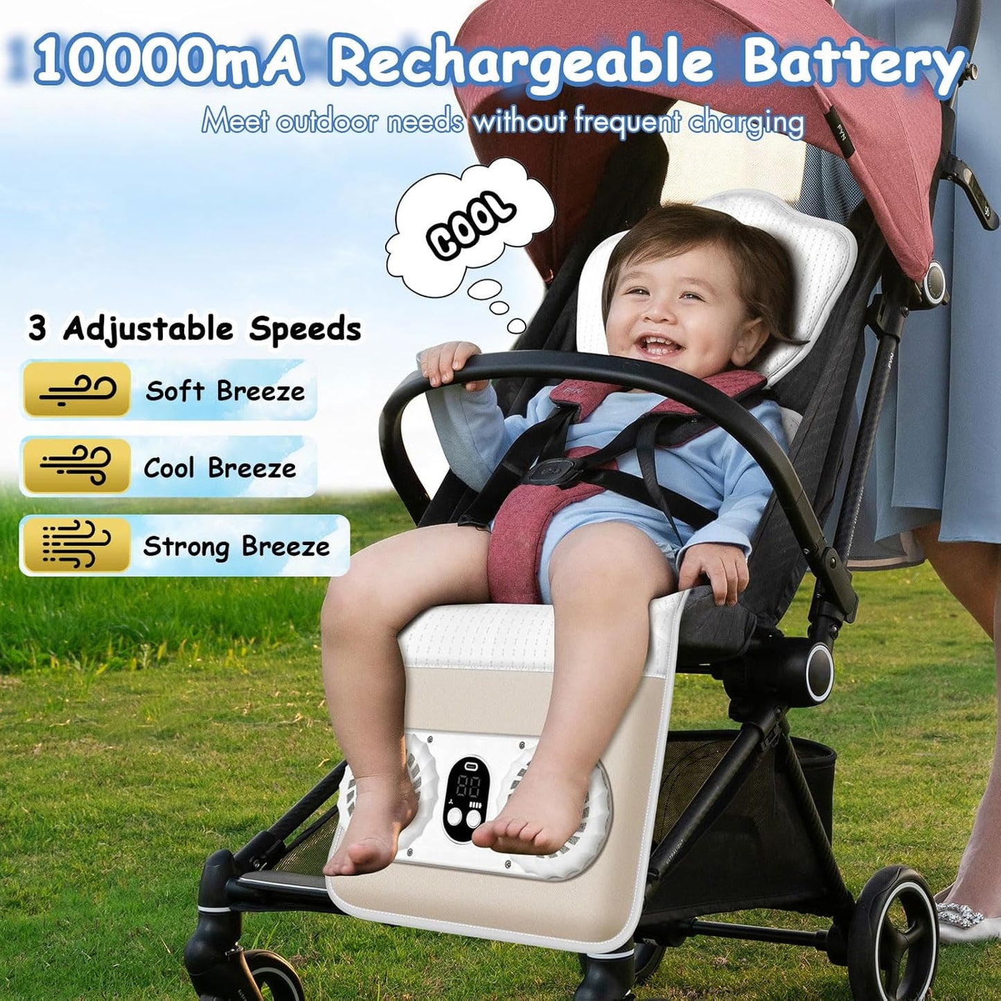 TRELC Baby Stroller Cooling Pad with 2 Fans, 3 Speeds Cooling Cushion, 10000mA Rechargeable Battery, Timer Setting, Breathable & Washable Cooling Pad Liners for Stroller Crib Summer Baby Essentials