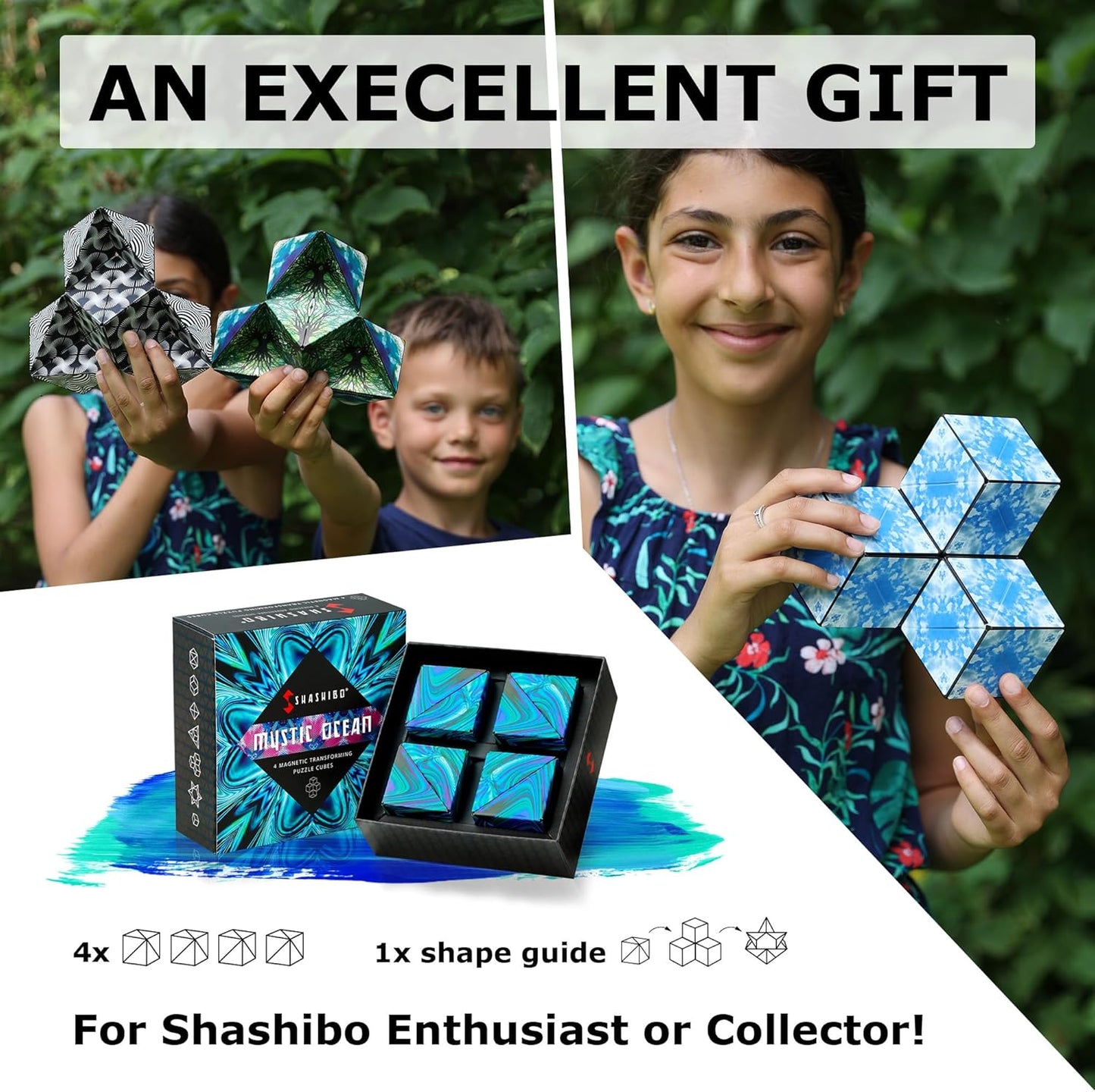 Shashibo Shape Shifting Box - Award-Winning, Patented Fidget Cube w/ 36 Rare Earth Magnets - Transforms Into Over 70 Shapes, Gift Box, Download Fun in Motion Toys Mobile App (Mystic Ocean, 4 Pack)