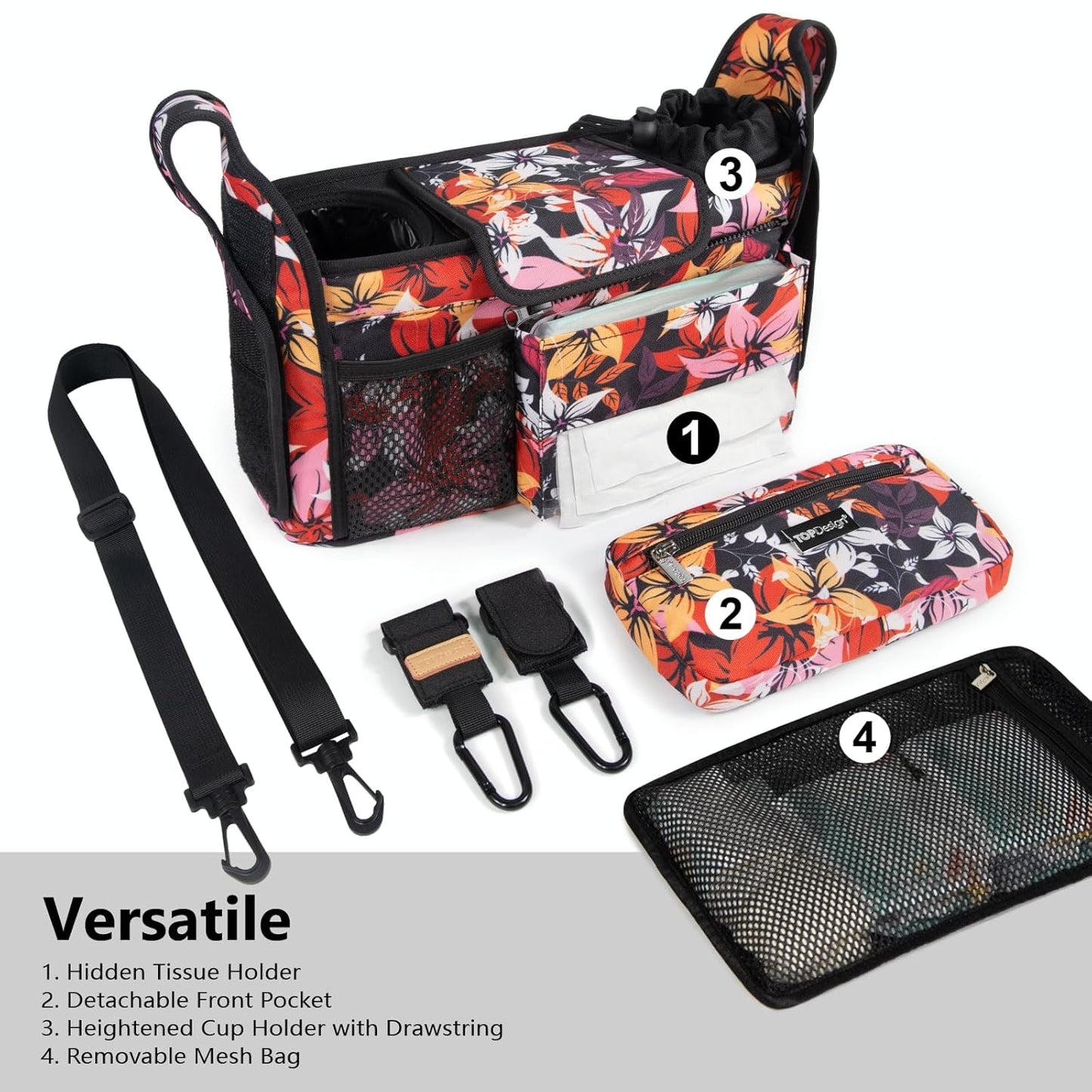 TOPDesign Universal Baby Stroller Organizer, Stroller Caddy with Detachable Mesh Bag & Heightened Insulated Cup Holders & Non-Slip Secure Hooks Accessories, Fits Most Strollers (Five Petal Flower)