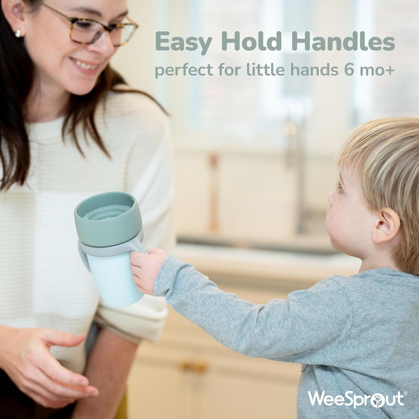 WeeSprout Baby Training Cup - Silicone Sippy Cup with Removable Handles for Weaning Off Bottle - Transition Spill-Proof Toddler Cups - No-Spill Design (Pastel Blue/Navy/Light Gray)