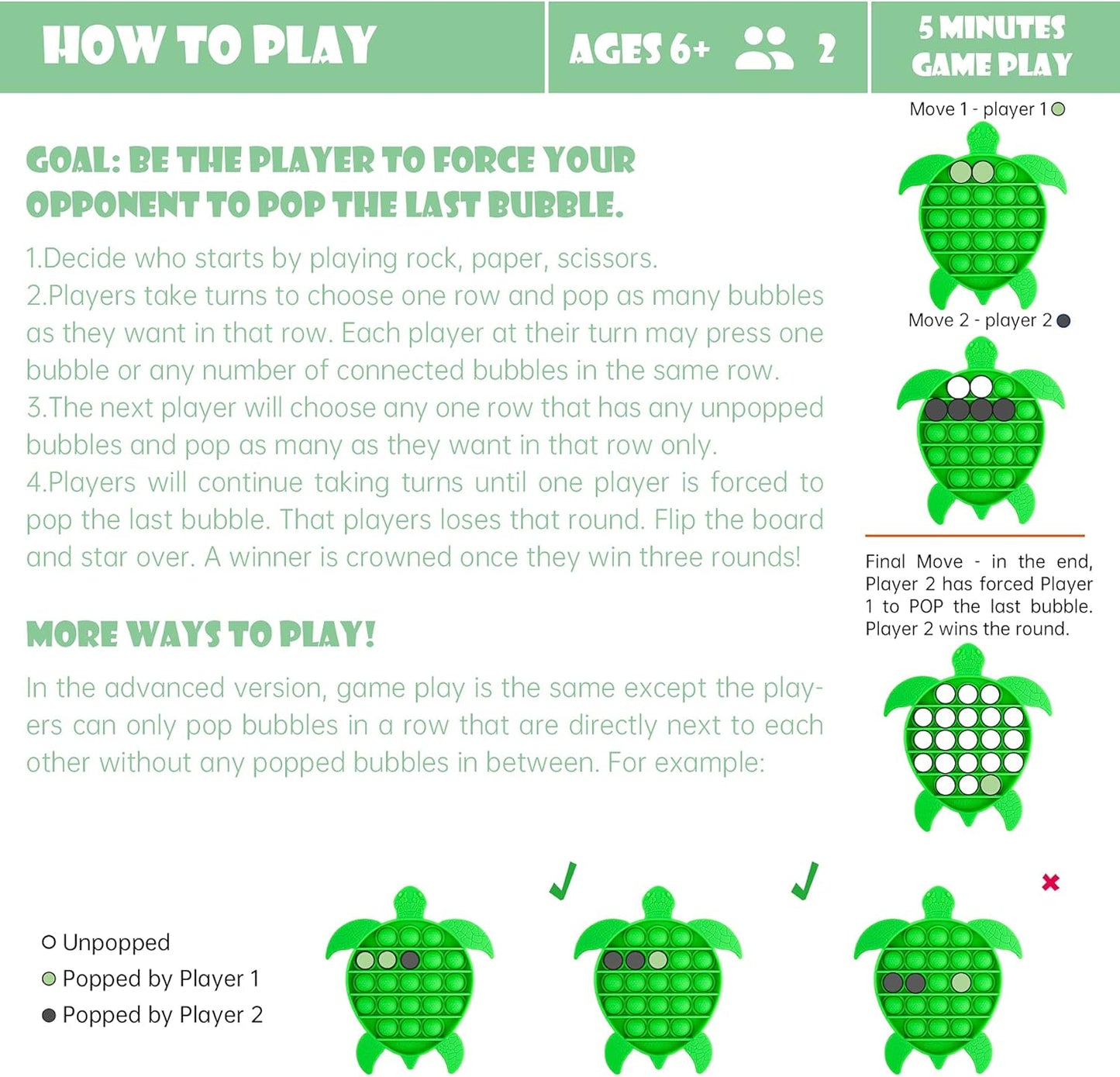 NiHealth Push Pop Bubble Fidget Sensory Toy Sea Turtle Shaped Fidget Toy for Special Needs Stress Reducer Anxiety Relief Popper Game Board Silicone Squeeze Toy for Kids and Adults (Green)