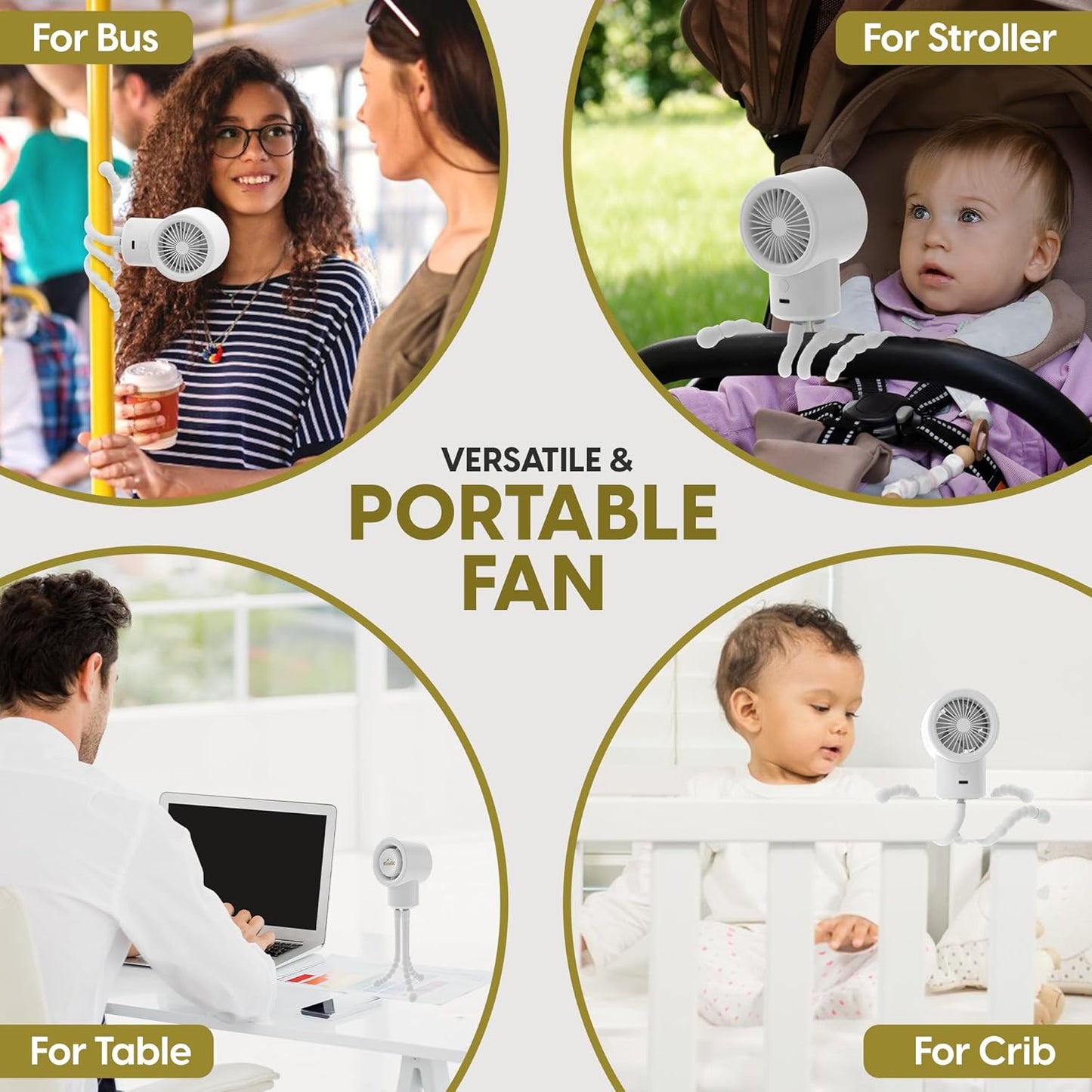 Portable Mini Travel Stroller Fan - Battery Operated, Clip On, Small, Handheld, Rotating, Rechargeable, Personal Fan with Flexible Tripod, 3 Speeds for Baby Crib, Bed Car, Seat Treadmill