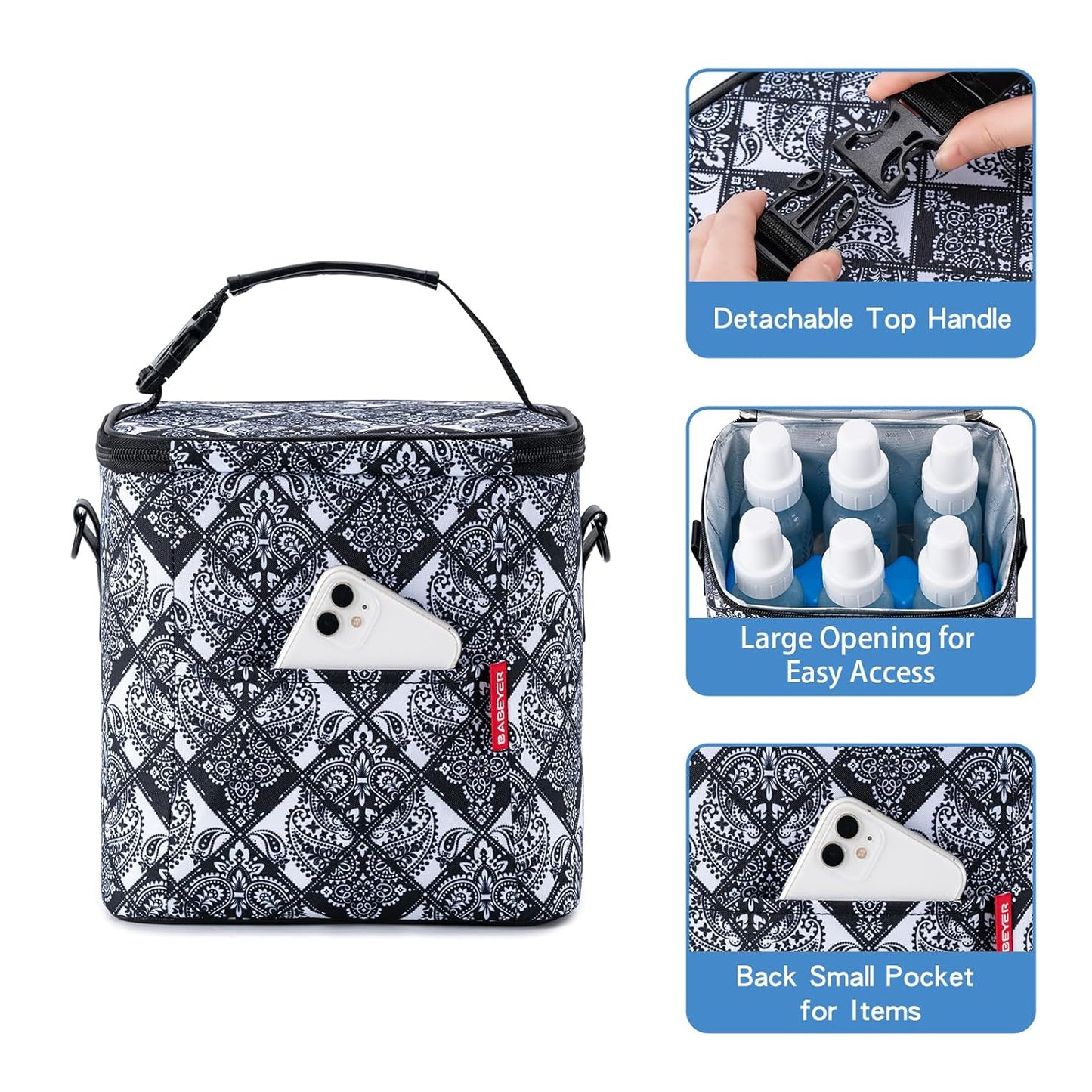 Breastmilk Cooler Bag with Ice Pack Fits 6 Baby Bottles Up to 9 Ounce, Baby Bottle Bag with Shoulder Strap for Nursing Mom Daycare, Black