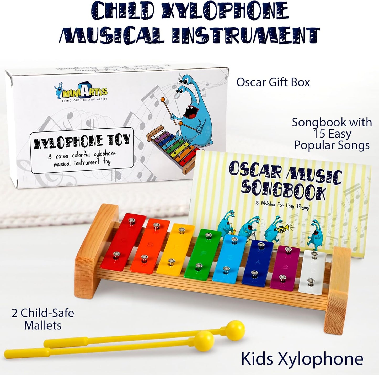 MINIARTIS Xylophone for Kids and Toddlers | 8 Notes Colorful Wooden Xylophone with Mallets and 15 Music Songbook | Kids Musical Instrument Educational Montessori Toys