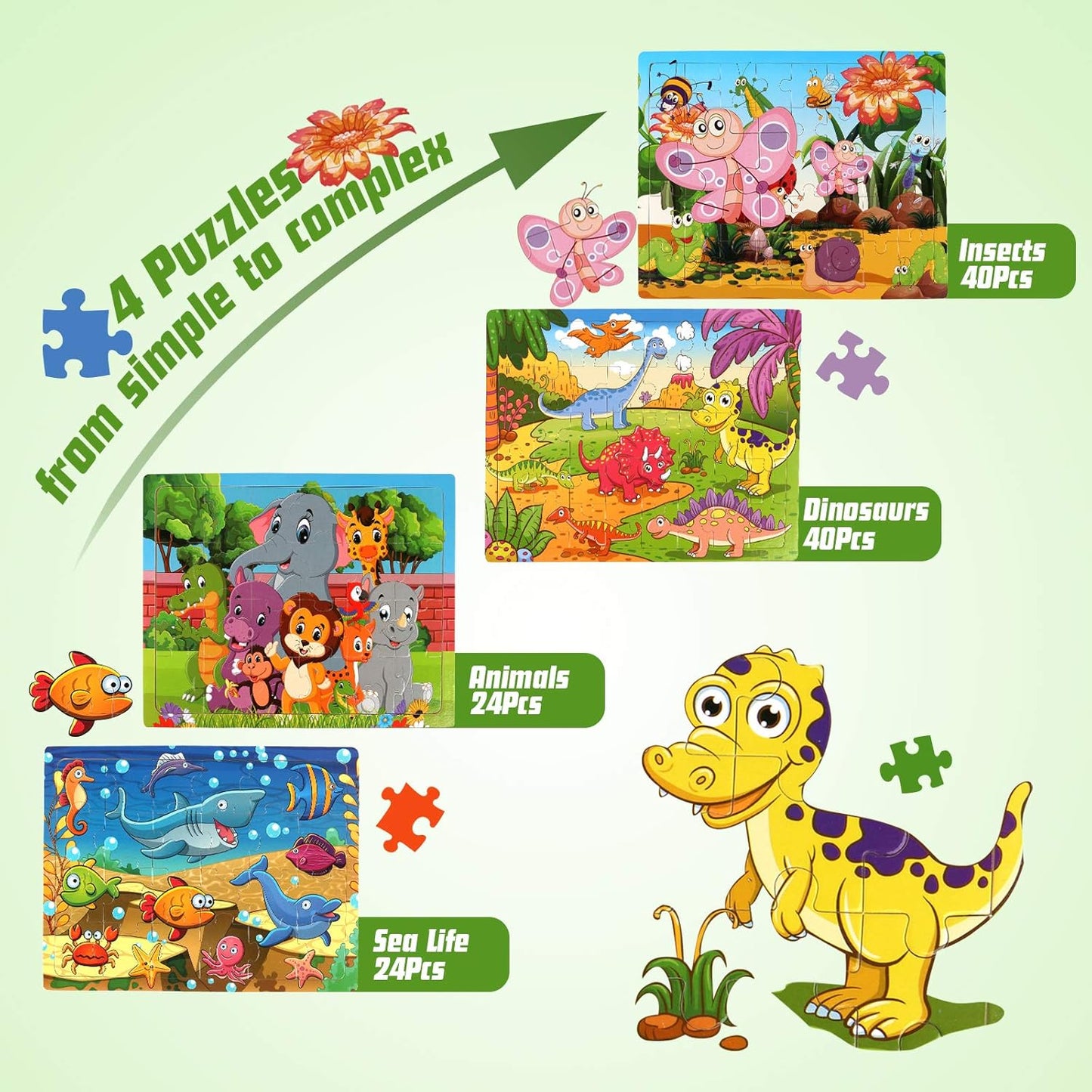 SYNARRY Wooden Jigsaw Puzzles for Kids Age 3-5 Year Old, 4 Pack 24-40 Pieces Preschool Educational Learning Toys Gift Set for Children Boys and Girls, Sea Life, Insects, Animals, Dinosaurs Themes