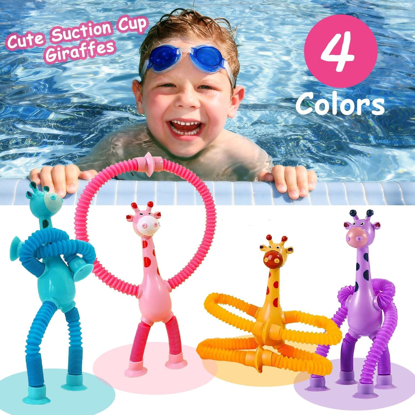 Telescopic Suction Cup Giraffe Toy, 4 Packs Pop Tubes Giraffe Fidget Toys Animal Autism Sensory Toy for Toddlers Travel Essential Educational Classroom Treasure Box Stretchy Robots Party Favors