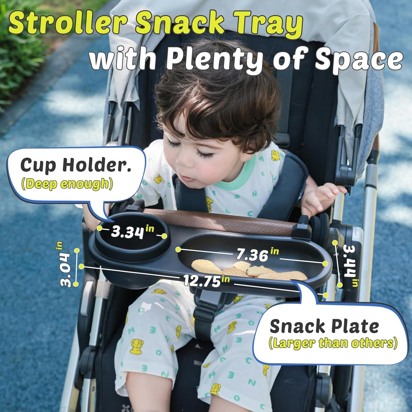 Universal Snack Tray for Stroller, Cup Holder Tray with Flexible Silicone Arm Gripper, Stays in Place Tray Attachment for Toddler & Kids, Snacking On The Go, Stroller Travel Accessories, Universal Fit