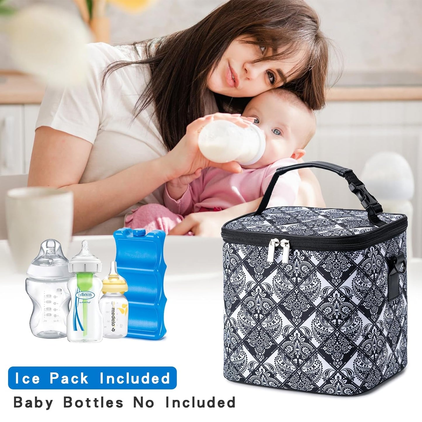 Breastmilk Cooler Bag with Ice Pack Fits 6 Baby Bottles Up to 9 Ounce, Baby Bottle Bag with Shoulder Strap for Nursing Mom Daycare, Black