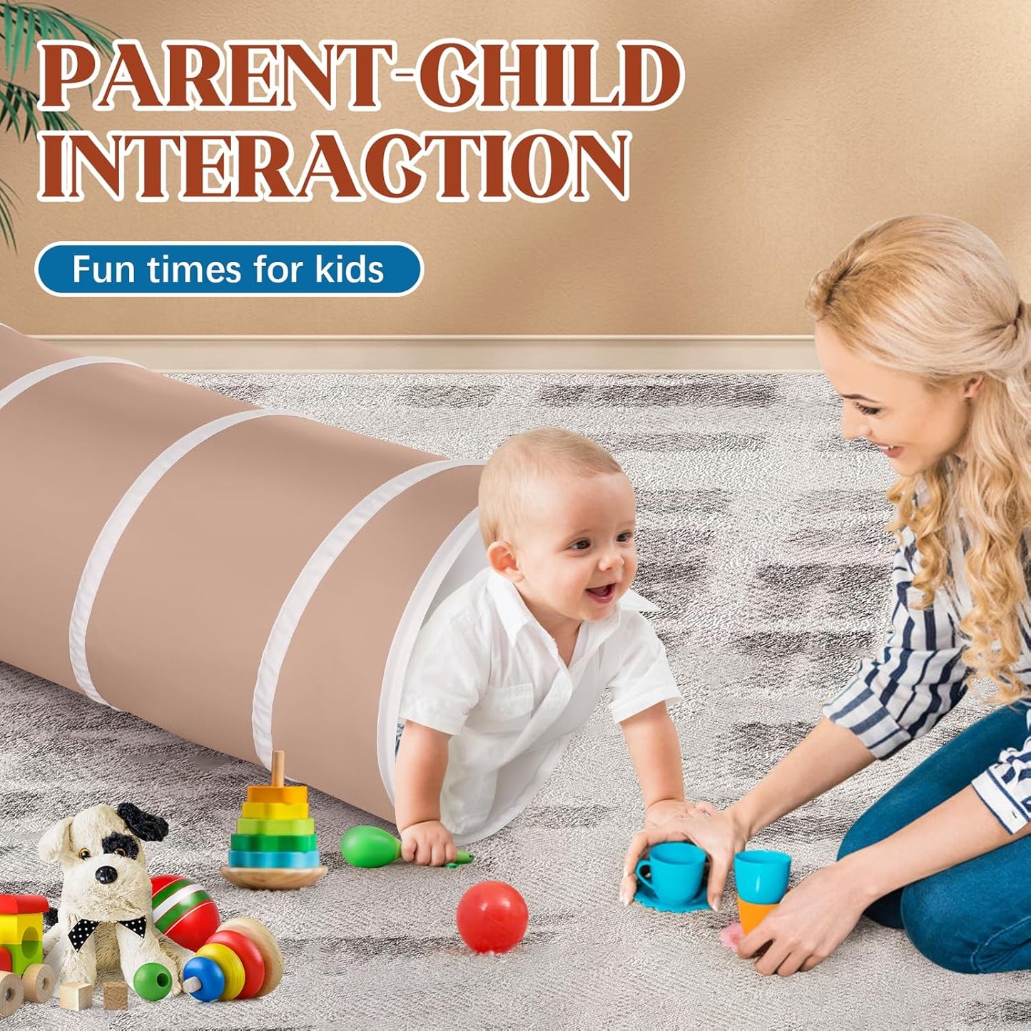 Kids Play Tunnel Tent for Toddlers, Pop Up Crawl Tunnel Toy for Baby or Pet with Neutral Color, Collapsible Gift for Boy and Girl Play Tunnel Indoor and Outdoor Game (Brown Tunnel)